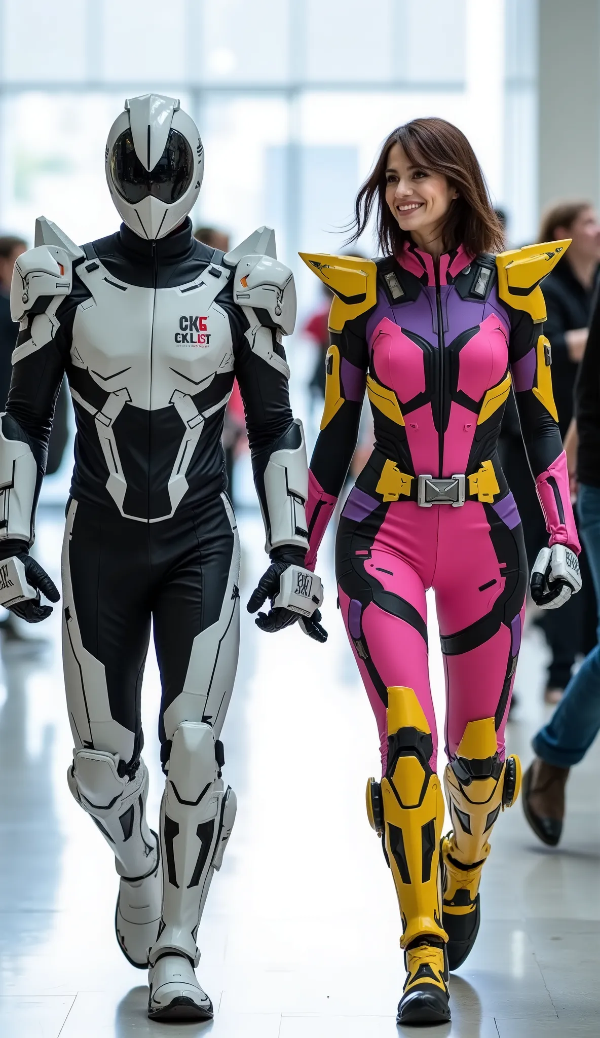 character: 1 man with mask full head futuristic white Kamen rider body suit with black silver armor futuristic white accents , and 1 woman brown hair Wearing futuristic pink kamen rider body suit with yellow purple armor futuristic black accents.
actio...