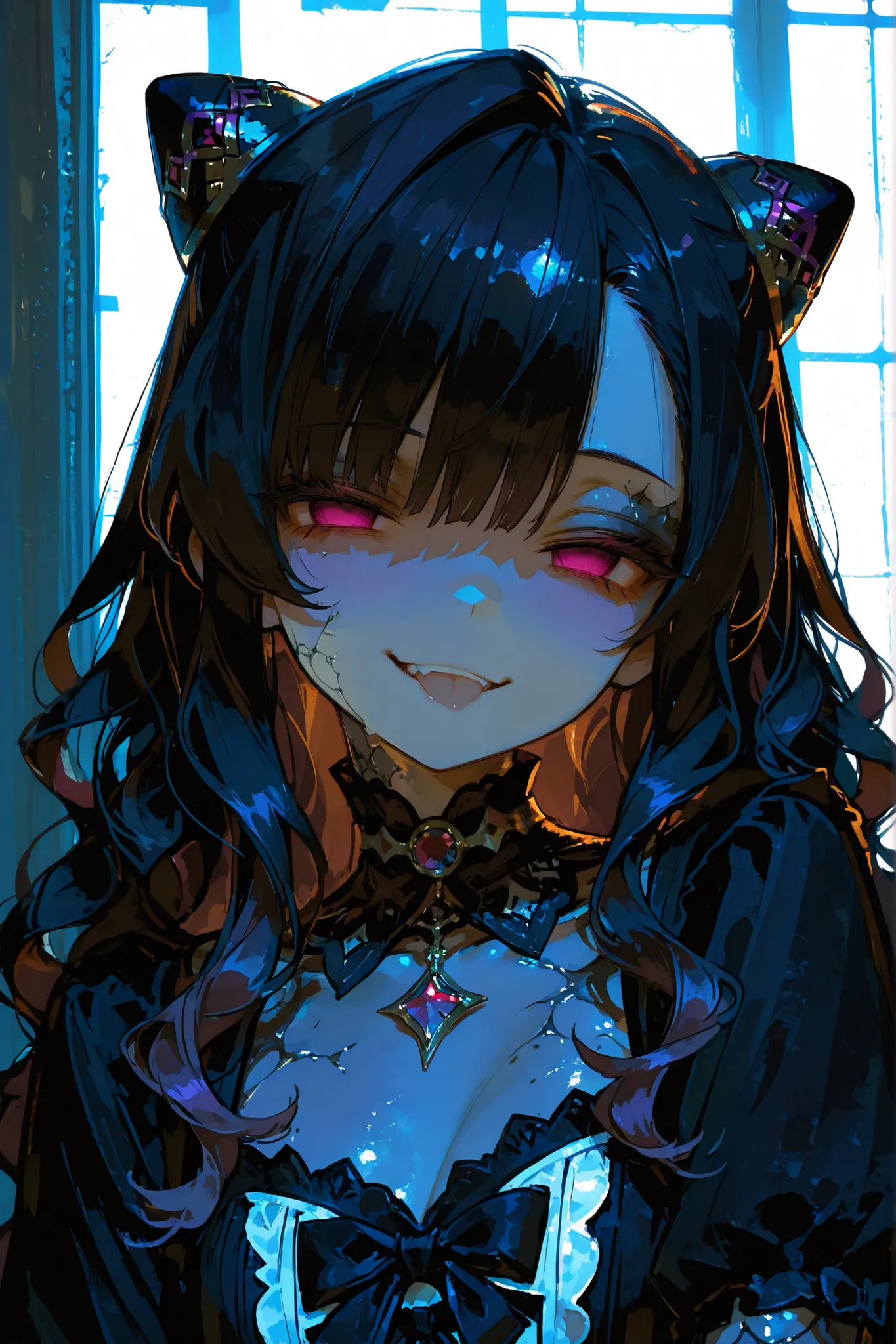 1女孩,wavy hair, asymmetrical bangs, hairpods, empty eyes, naughty face, Gothic art, backlighting, character chart, Sony FE GM, UHD, retina, masterpiece, textured skin, super detail, high details, highres