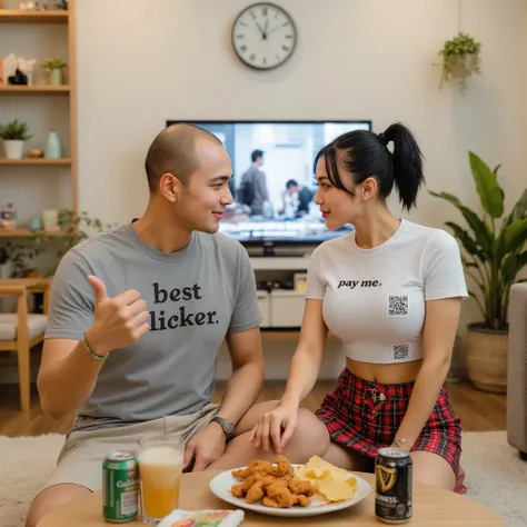 An Indonesian couple is sitting casually on a soft cream floor rug in a cozy minimalist living room. The Indonesian man, who has a slightly build—around 78 kg—with thinning hair that’s almost bald, is wearing a gray T-shirt with the words “Best Licker” and...