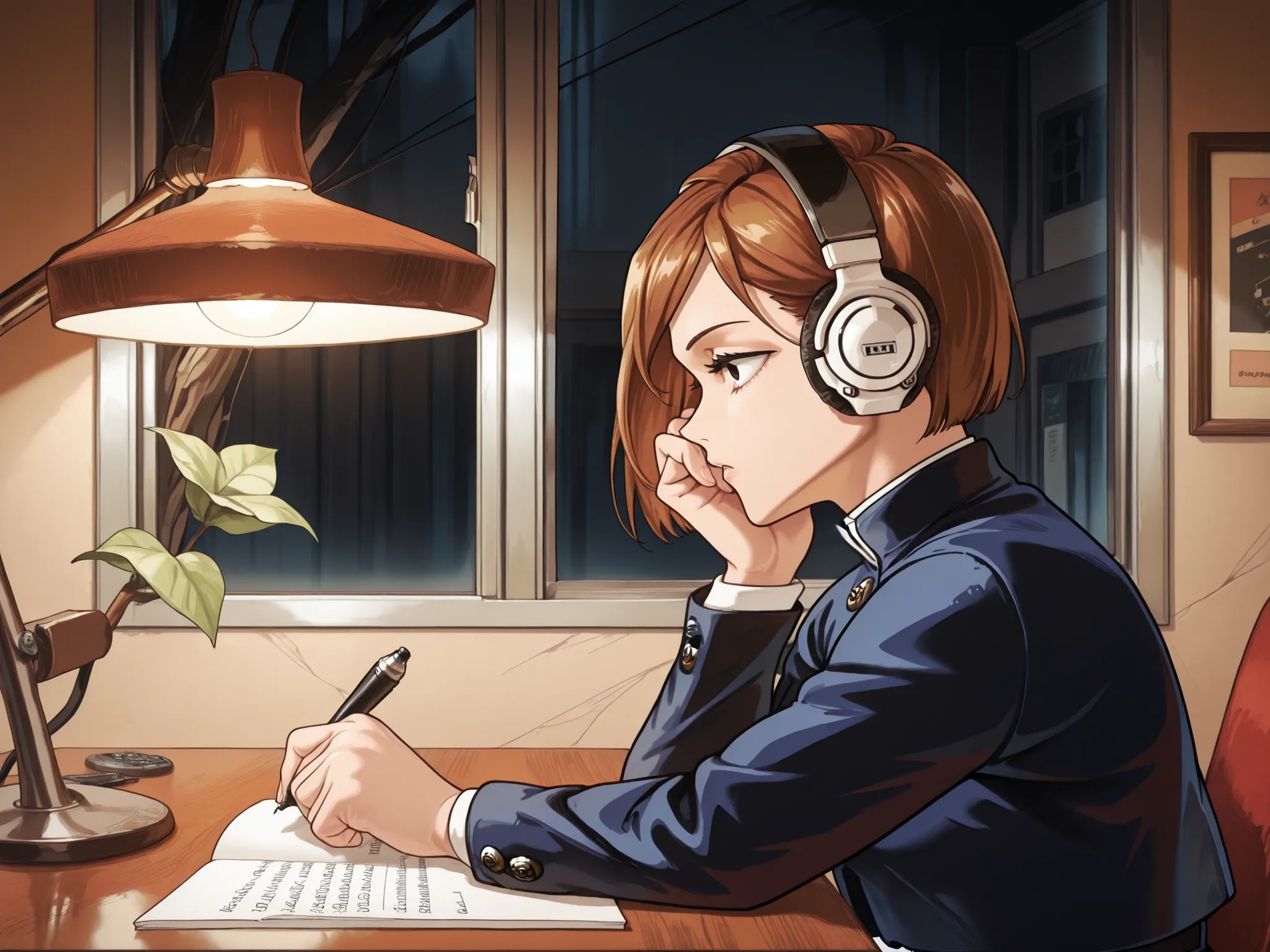 1girl, short hair , brown hair , brown eyes , jujutsu tech uniform , blue jacket , overhanging shirt , long sleeves , blue skirt , pantyhose , lofi ,from side,arm on own face,profile,window,sitting,table,writing,lamp on table,headphones on head