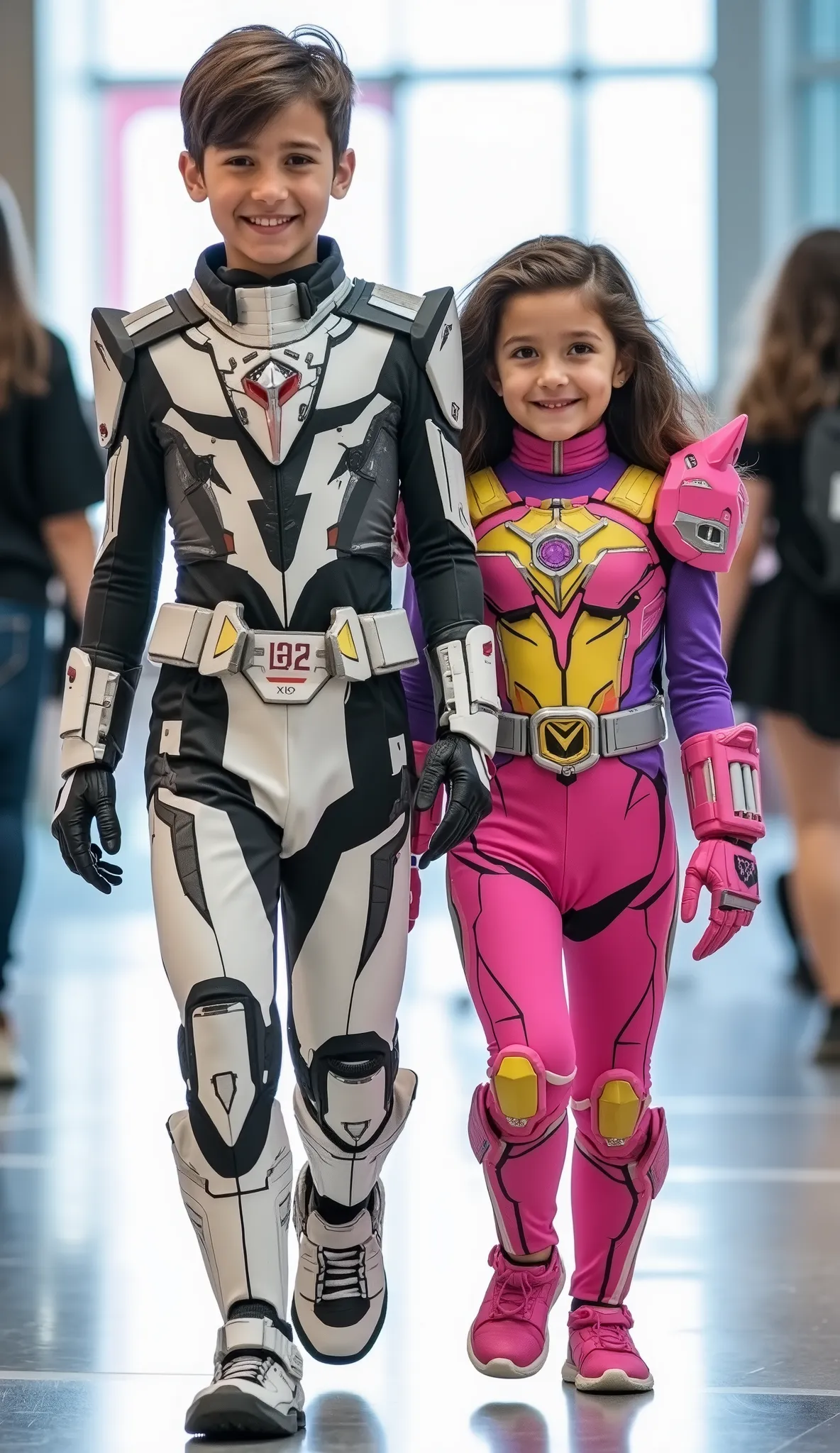 character: 1 baby boy brown hair futuristic white Kamen rider body suit with black silver armor futuristic white accents , and 1 baby girl brown hair Wearing futuristic pink kamen rider body suit with yellow purple armor futuristic black accents.
actio...