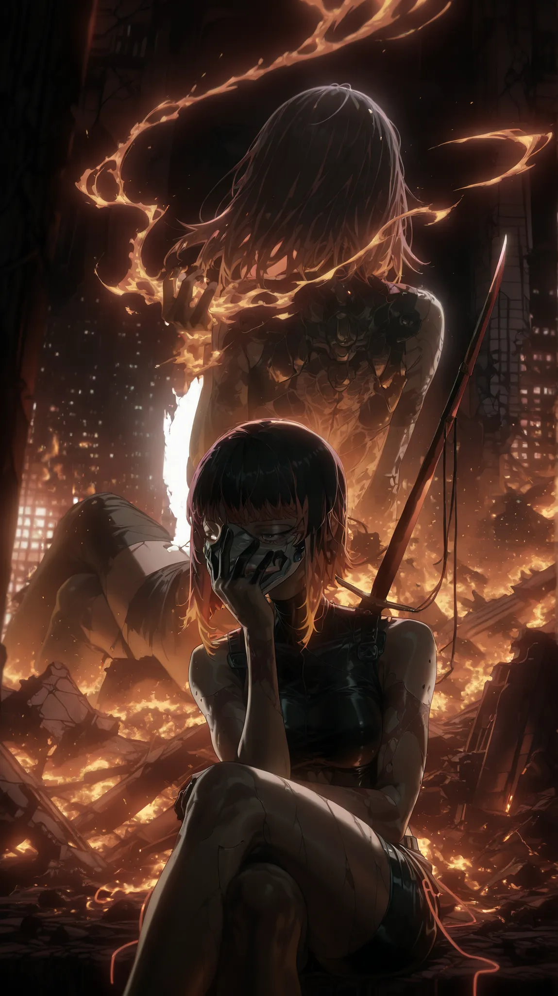 girl, two-tone hair, white and red hair, tight black top, abdomen, katana on her back, holding a mask in her hand, sitting, legs crossed, cyberpunk shorts, gothic scenery, destroyed walls, fire,