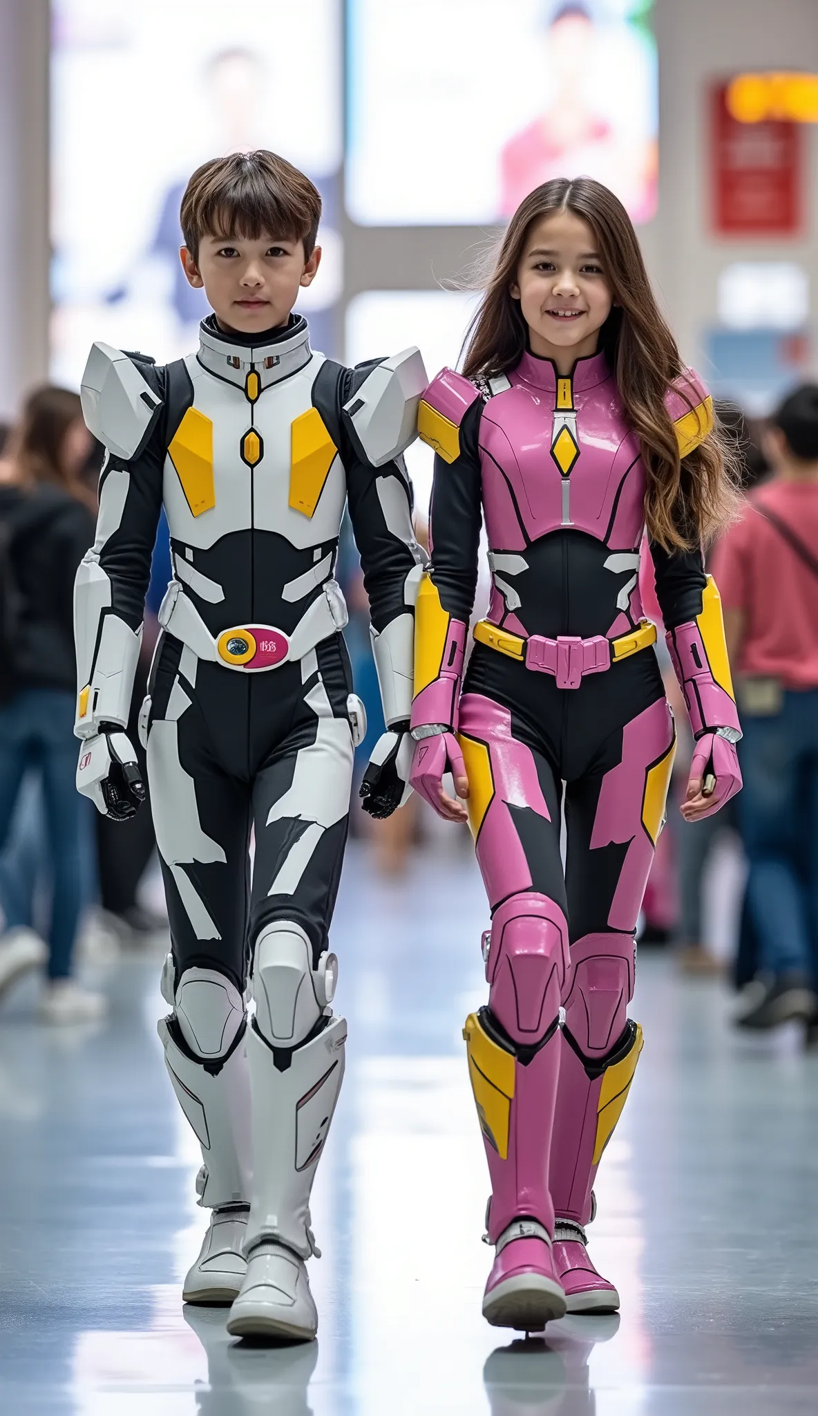 character: 1 boy brown hair futuristic white Kamen rider body suit with black silver armor futuristic white accents , and 1 girl brown hair Wearing futuristic pink kamen rider body suit with yellow purple armor futuristic black accents.
action: Walk st...