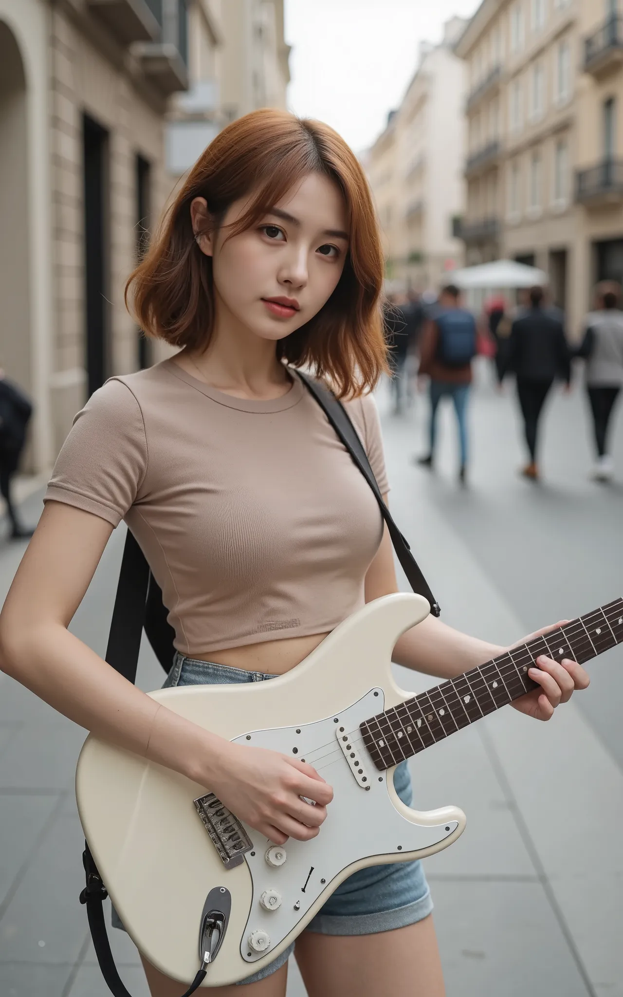 A fair-skinned woman with shoulder-length wave bright sepia hair and, wearing a fitted mash round crop top and short jean. She is standing confidently in a European street, playing a white electric guitar. In the background, distant pedestrians are faintly...