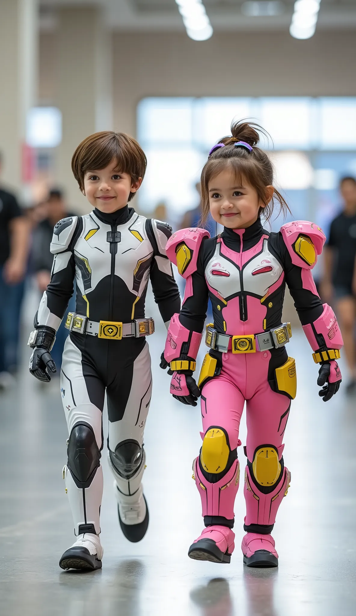 character: 1 baby boy brown hair futuristic white Kamen rider body suit with black silver armor futuristic white accents , and 1 baby girl brown hair Wearing futuristic pink kamen rider body suit with yellow purple armor futuristic black accents.
actio...