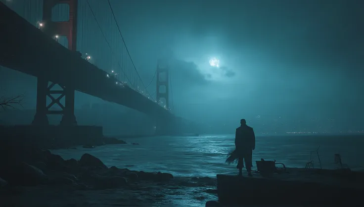 "A hauntingly deserted San Francisco at night, where the Golden Gate Bridge stands like a forgotten relic in the mist. The bridge’s iconic towers pierce through thick, rolling fog, their crimson paint dulled under a sickly moon. The city skyline behind it ...