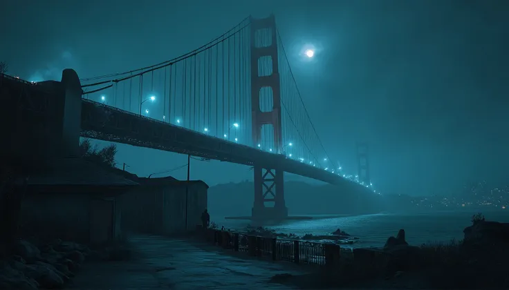 "A hauntingly deserted San Francisco at night, where the Golden Gate Bridge stands like a forgotten relic in the mist. The bridge’s iconic towers pierce through thick, rolling fog, their crimson paint dulled under a sickly moon. The city skyline behind it ...