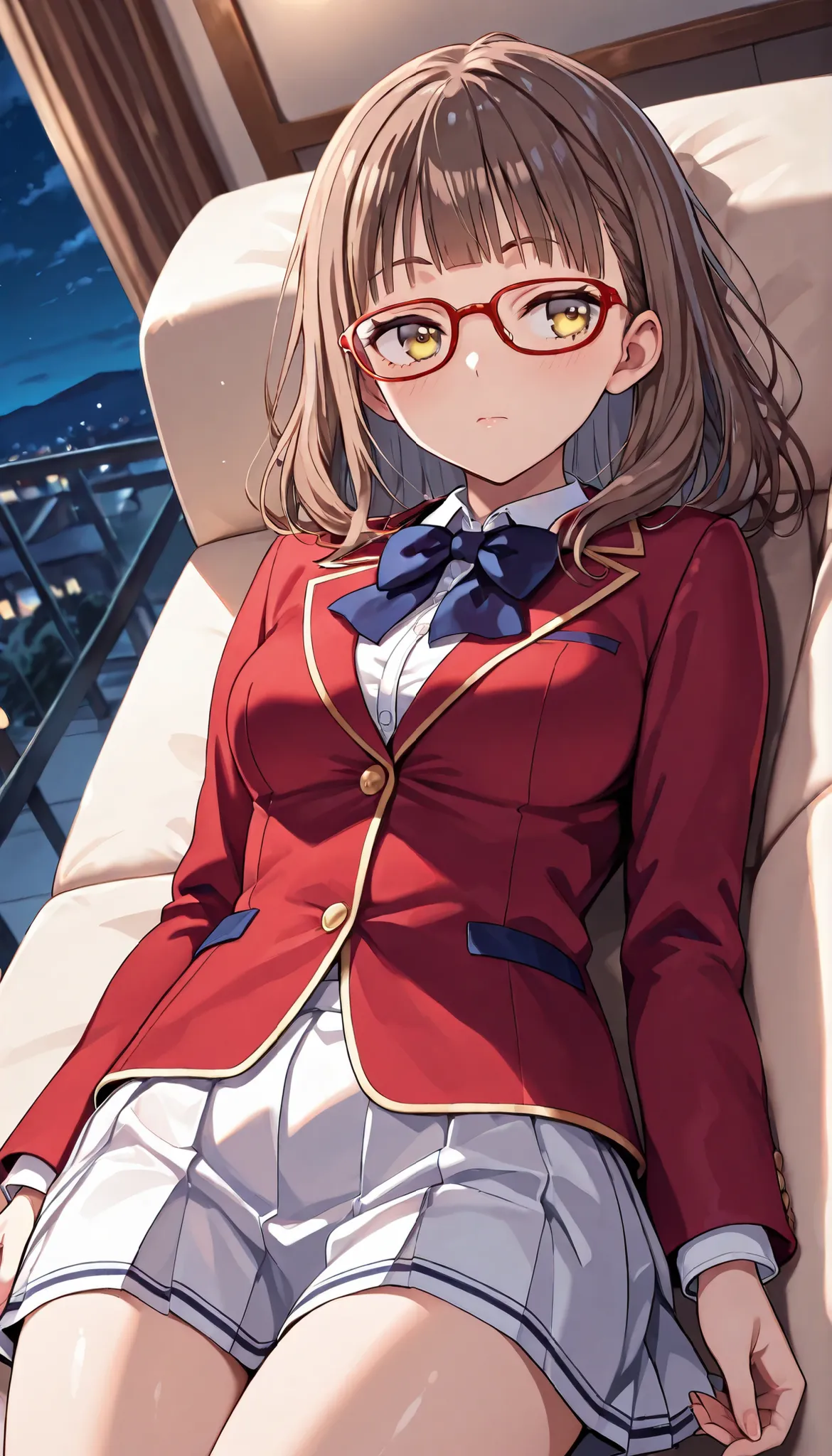 rika morofuji, brown hair, medium hair, yellow eyes,have a red-framed eyewear glasses, 1 girl, red ribbon, red jacket school uniform, white shirt, red jacket, collared shirt, bowtie, white skirt, thigh,1girl, solo, cowboy shot, night ,my room, masterpiece...