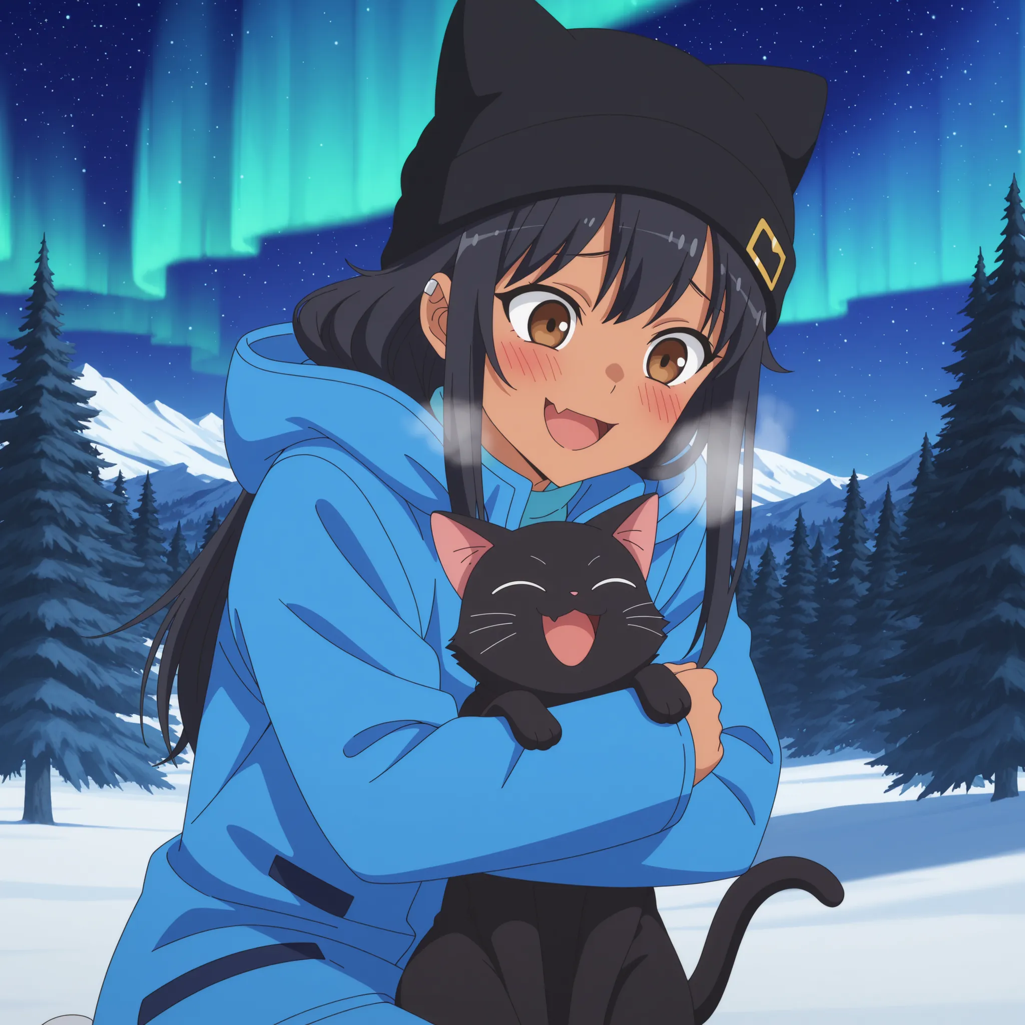 Masterpiece, best quality, very aesthetic, 1girl, Alone,  Anime screenshot, anime coloring, 
Nacatro hayase, brown eyes, dark-skinned woman, tan, black hair, Forklifts, ear clip, hair ornament, long hair,  skin fang , 
outfit-ski, hood down, coat, animal h...