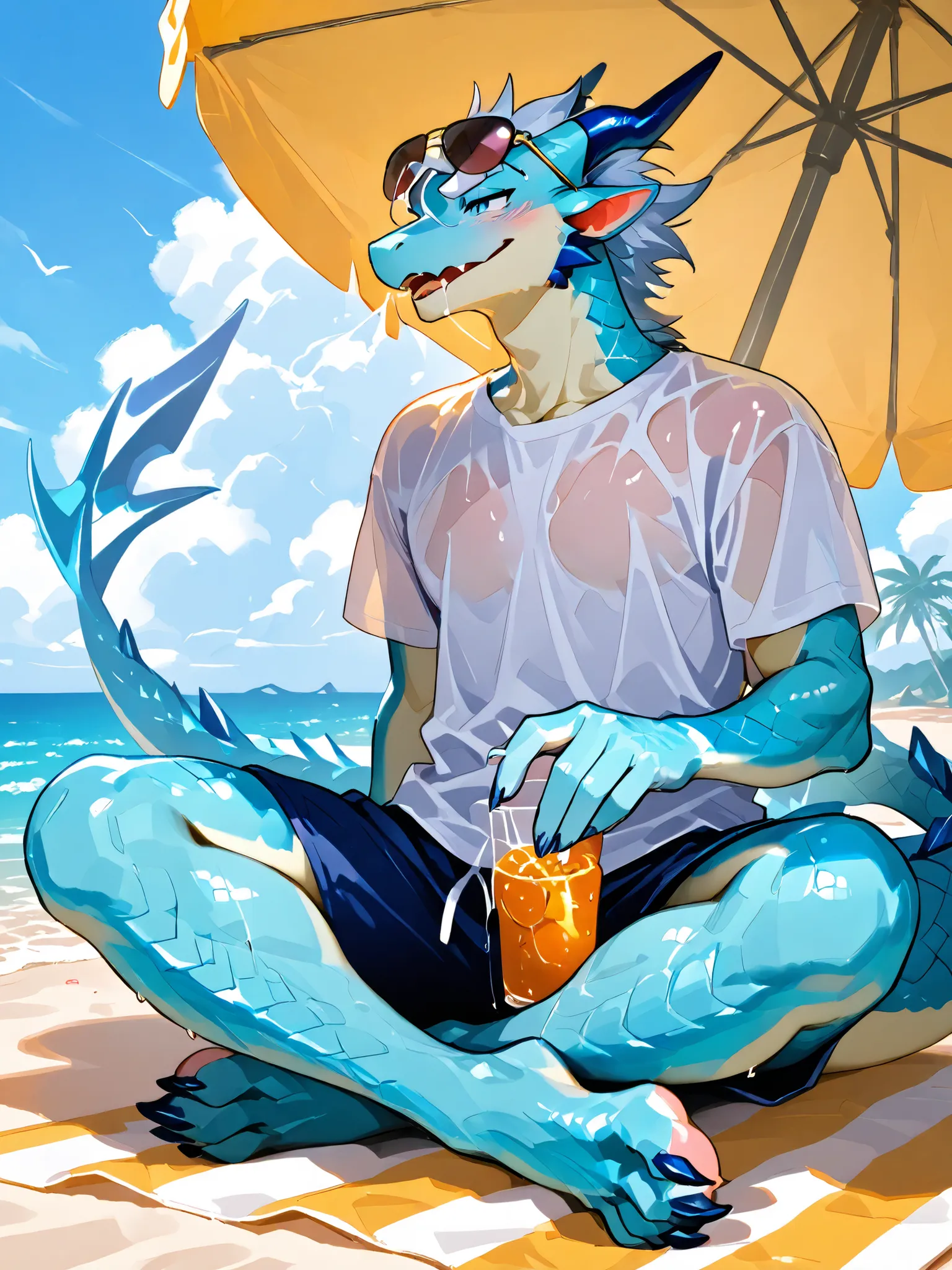 dragon、dragonの人、 male、Light blue body、full body、dragonの尻尾、dragonの角、dragonの翼、sweat、White Chest、white-bellied 、White saliva、masterpiece、Top quality、wet white shirt、Gentle expressions、summer、beach、swimsuit、Sunglasses on forehead、Blue scales、profile、detailed ...