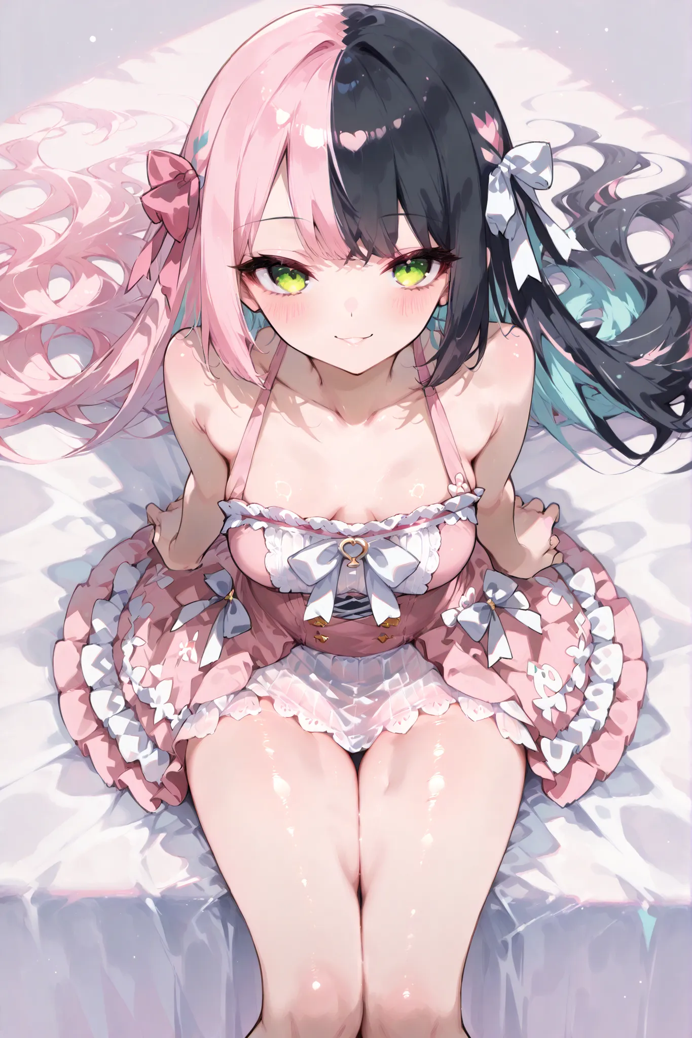 A cute girl wearing a pink maid outfit (short frilly skirt), blushing with a smiling expression, energetic pose (arms spread out), sitting in a 'girl's pose' (knees together but slightly apart), long fluffy hair, pink and black two-tone hair, large ribbons...