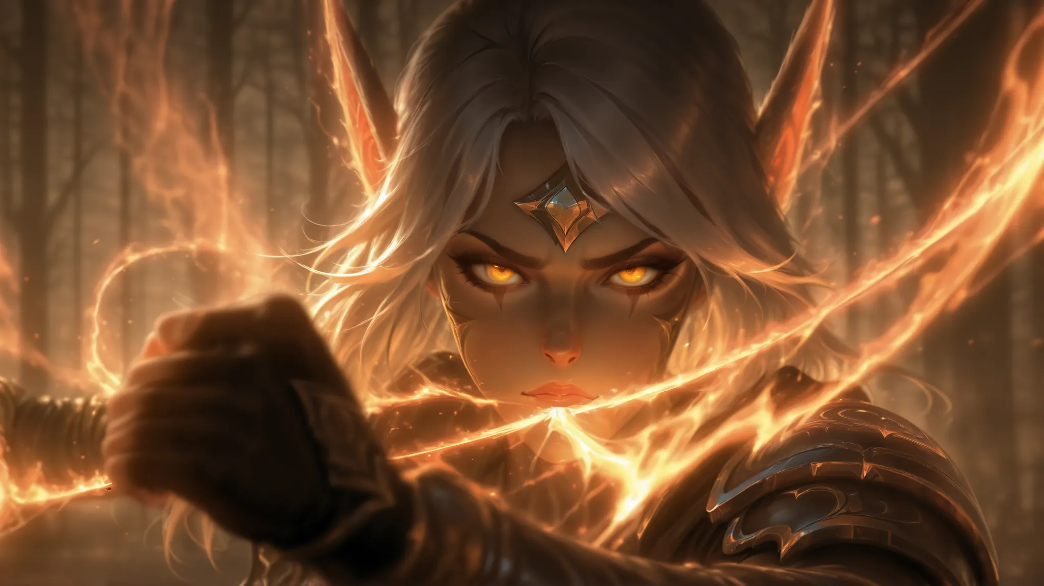 ashe (league of legends),detailed portrait, dynamic attack pose, dark fantasy, cinematic lighting, dramatic angles, intense atmosphere, ominous background, powerful energy, highly detailed facial features, determined expression, pulling back bow string, ar...