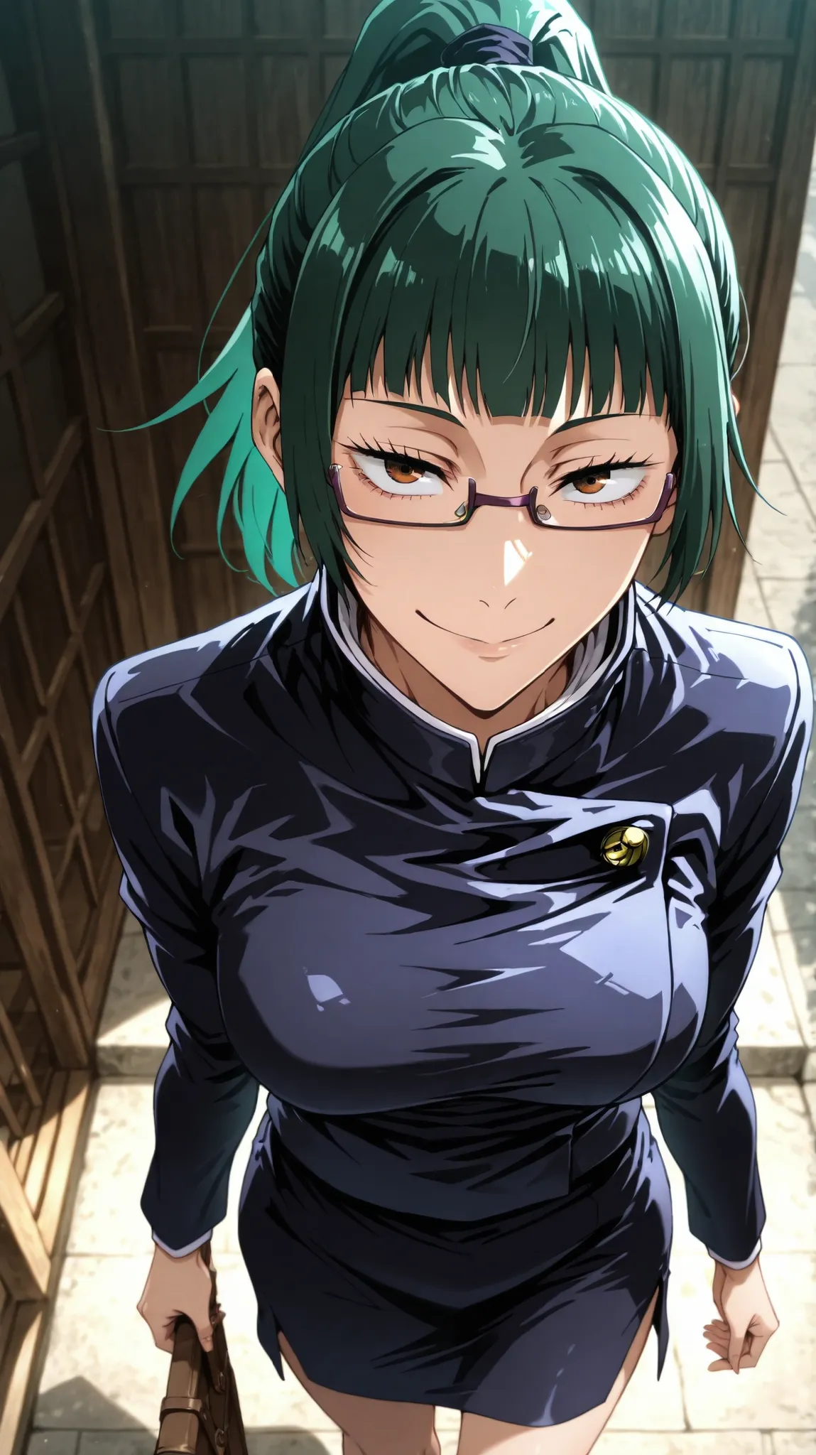 maki zenin, green hair, sexy, slim, glasses, smile, skirt, Jujutsu Kaisen uniform, upturned look, higher perspective