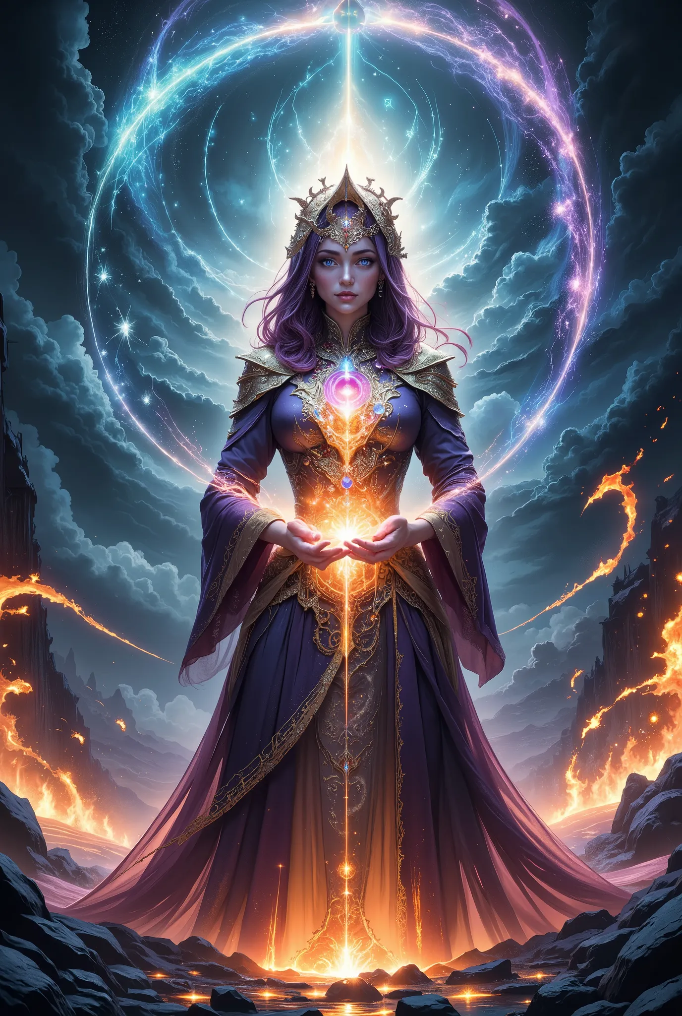 A Secret Magic Figure Holding a Flame in His Hand, gorgeous Fantasy Image, masterpiece, high detail,