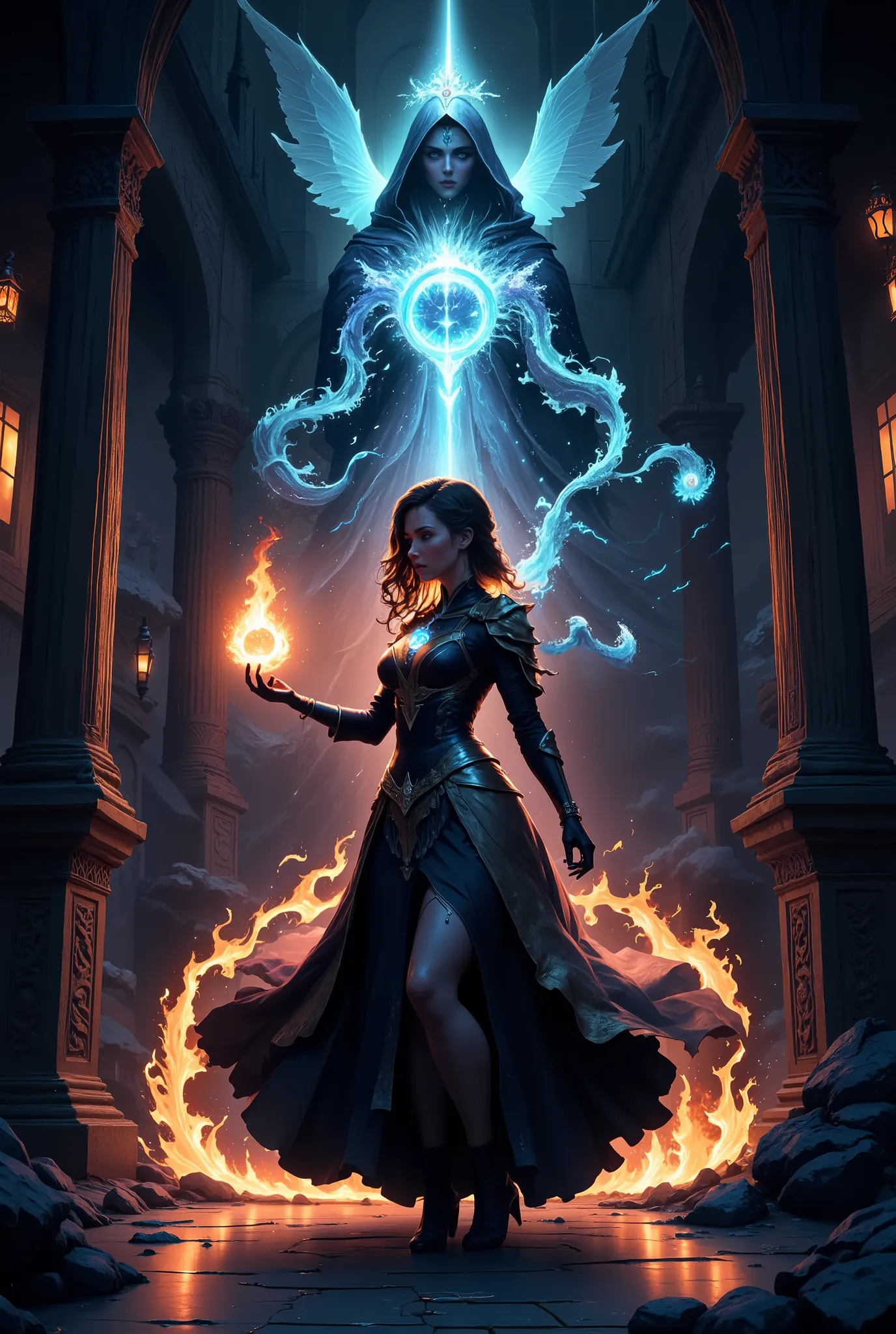 Silhouette of Witchcraft with a Beautiful Flame in Hand, fantasy style, dark fantasy, gorgeous and Beautiful, masterpiece, High quality, background beautiful dark mansion,