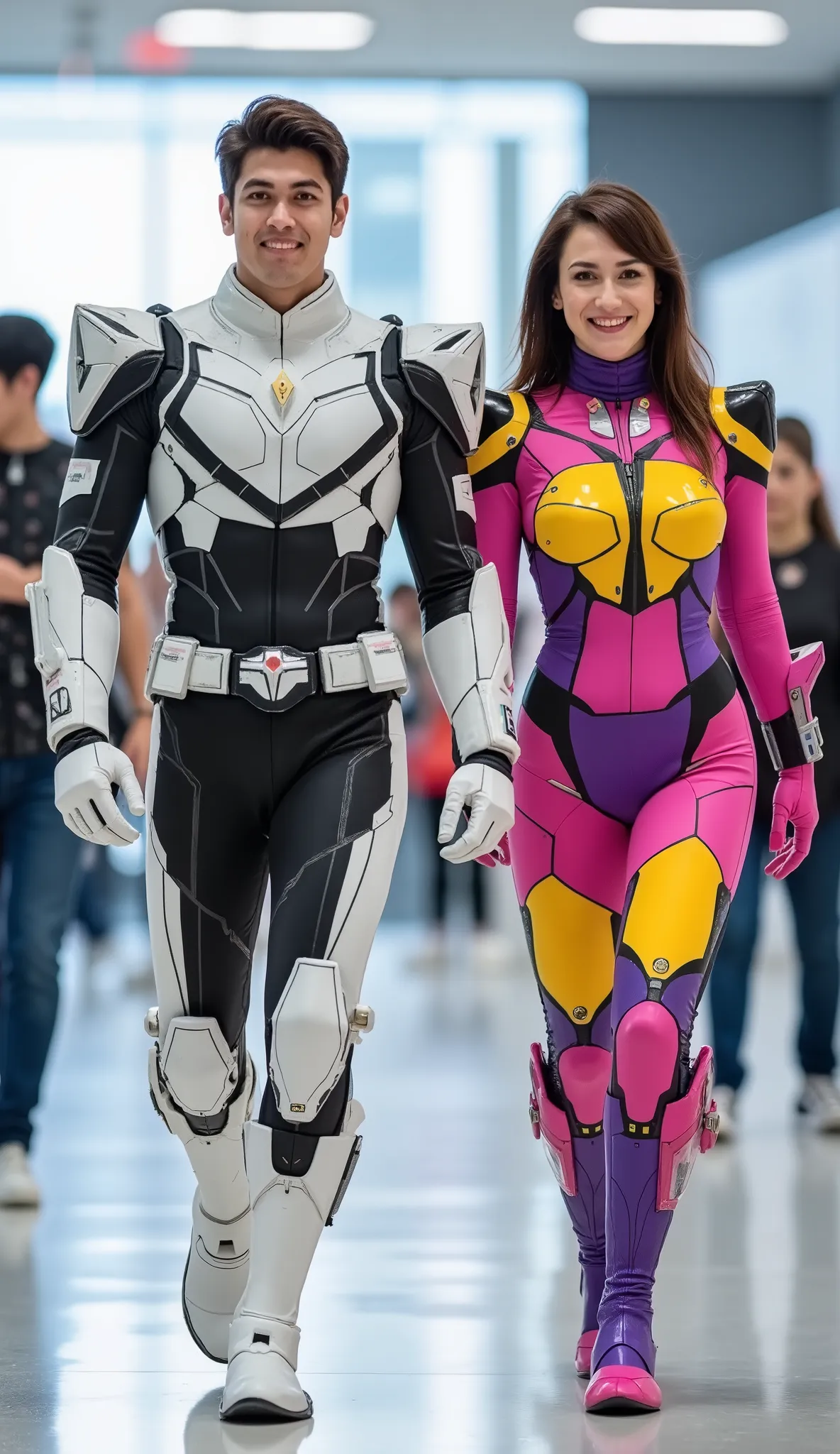 character: ung man brown hair futuristic white Kamen rider body suit with black silver armor futuristic white accents , and ung woman brown hair Wearing futuristic pink kamen rider body suit with yellow purple armor futuristic black accents.
action: Wa...