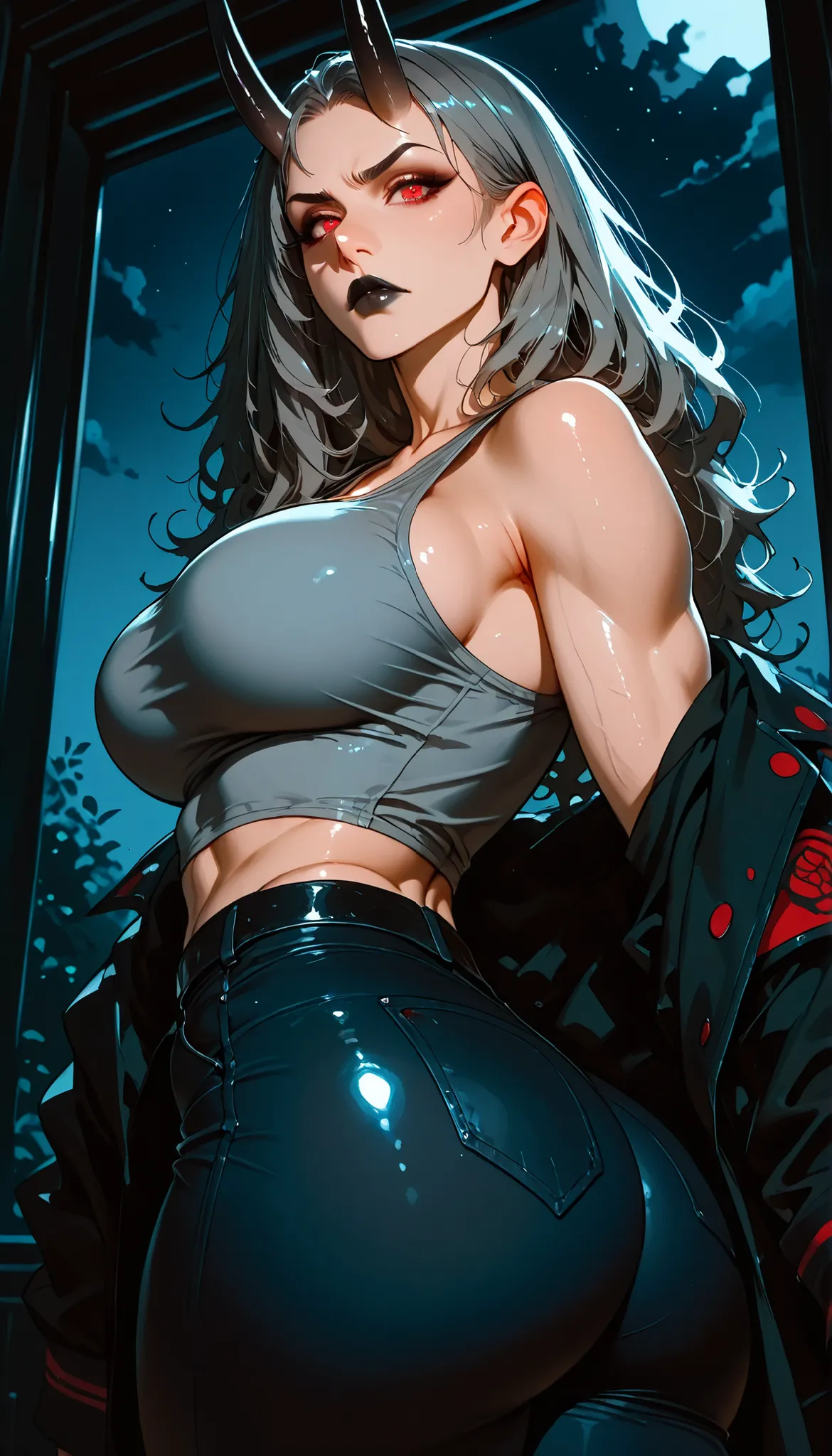 garden, night sky, moody contrast, (dark theme:1.2), 1girl, oni_horns, facial_scar, long_messy_hair, grey_hair, red_eyes, large_breasts, muscular_female, athletic_female, (grey_tank_top), (military_jacket), tight_jeans, over_shoulder, ass_focus, looking_at...
