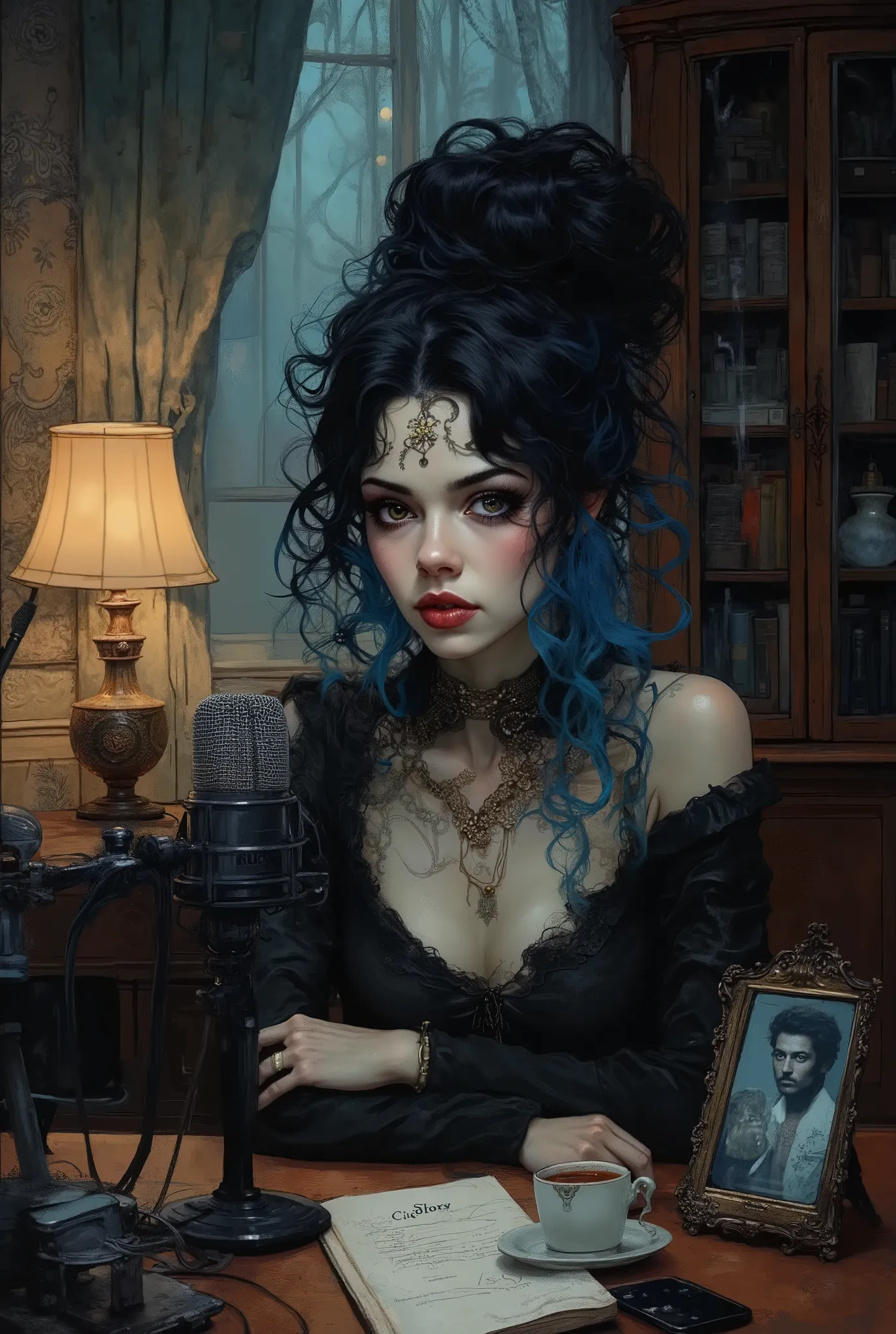 A young woman in professional headphones is the host of a podcast, with long black curly hair and blue highlights, part of her hair is gathered in a careless fluffy bun. Her lips were luscious red, and her eyelashes were lush and false. She looks charismat...