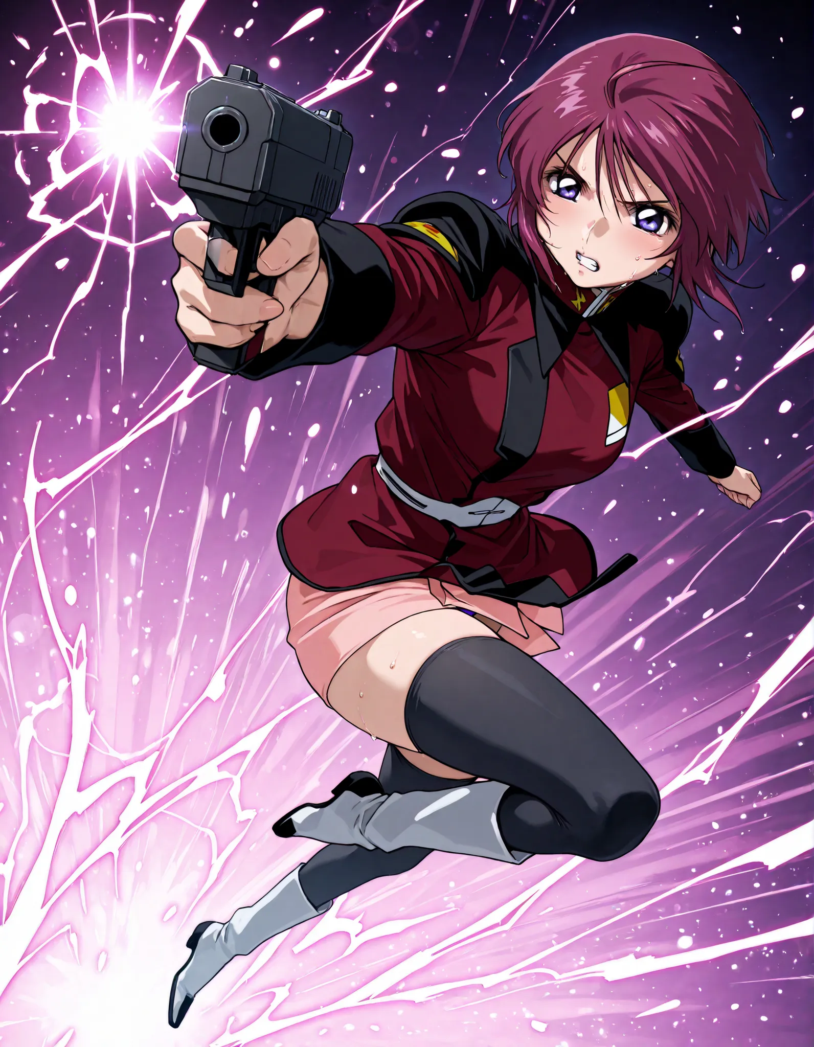 score_9, score_8_up, score_7_up,BREAK,masterpiece, best quality, absurdres,A very detailed and Hi-Res image、lightning crackling around 、safe 1girl,(solo),18 years old, (beautiful and detailed face),1girl,destiny jacket,LunamariaHawke,((destiny jacket)),((r...