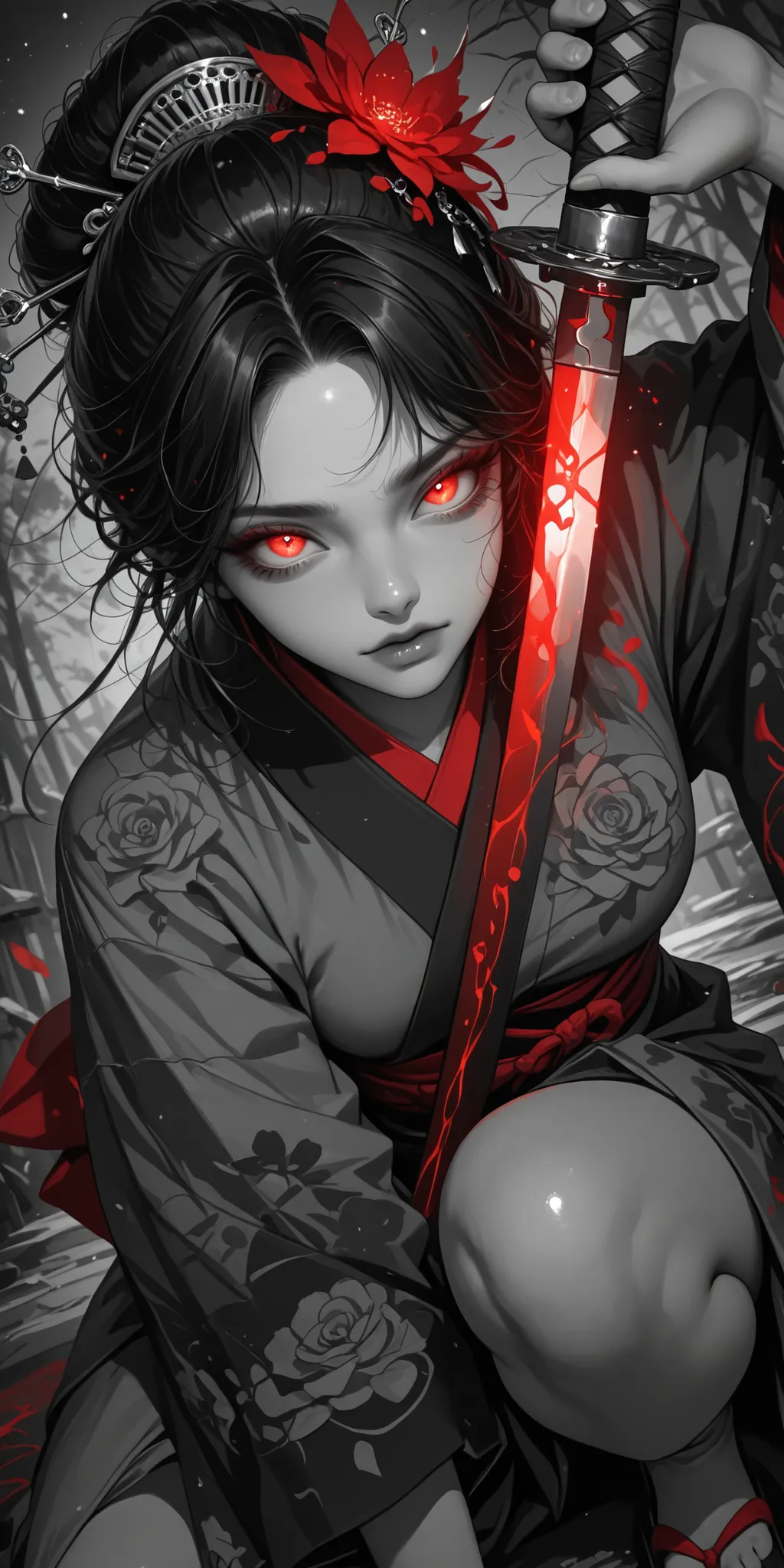 wanita, night, pallete warna gelap, memegang Katana, katana berkilau, mata yang bercahaya, mata detail, close up, pose dinamis, sudut dinamis, Kimono,glowing pedang , mata yang bercahaya, He poses playfully on one knee, reaching out with one hand while hol...