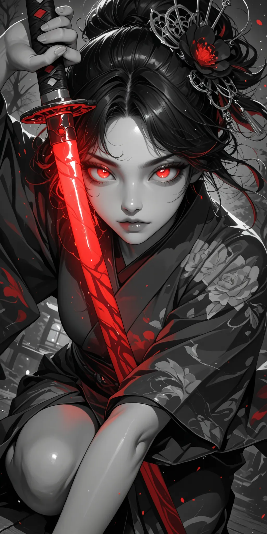 wanita, night, pallete warna gelap, memegang Katana, katana berkilau, mata yang bercahaya, mata detail, close up, pose dinamis, sudut dinamis, Kimono,glowing pedang , mata yang bercahaya, He poses playfully on one knee, reaching out with one hand while hol...