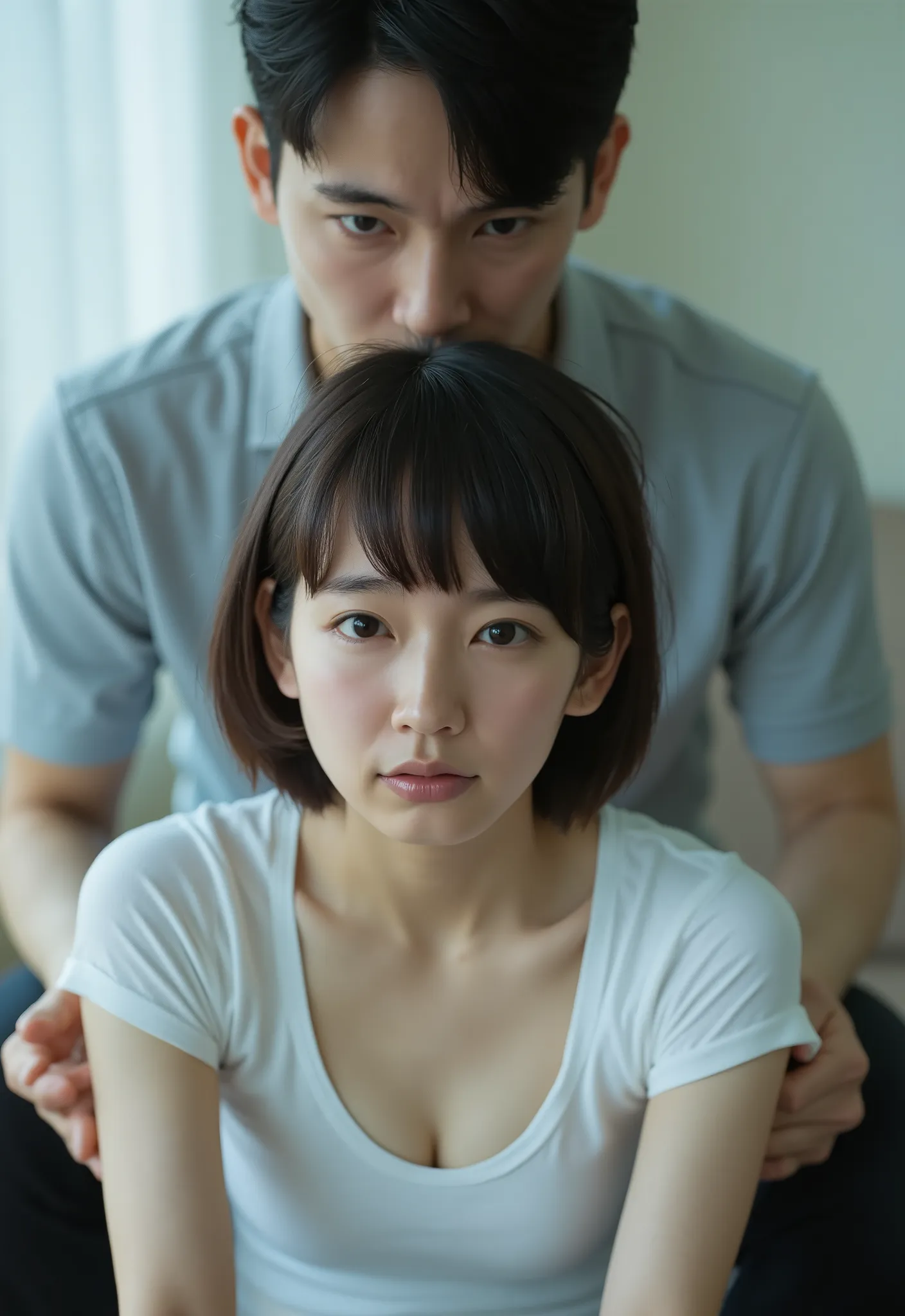 Censorship off 、((nsfw))、Suites,One Young Woman,natural makeup,medium short brow hair,slender,Japanese,Woman Sitting on Couch,stretching both hands forward,There is a man standing behind her,The man holds his hands strongly from his back,his face behind h...