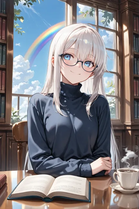 ((Masterpiece)),((best quality)),((incredibly absurdres)),((8K)),(semi realistic),
1 girl,solo,young female,aged up,kawaii,white hair,long hair,straight hair,blue eyes,small breasts,
(black eyewear),(navy blue turtleneck shirt),black skinny jeans,shirt unt...