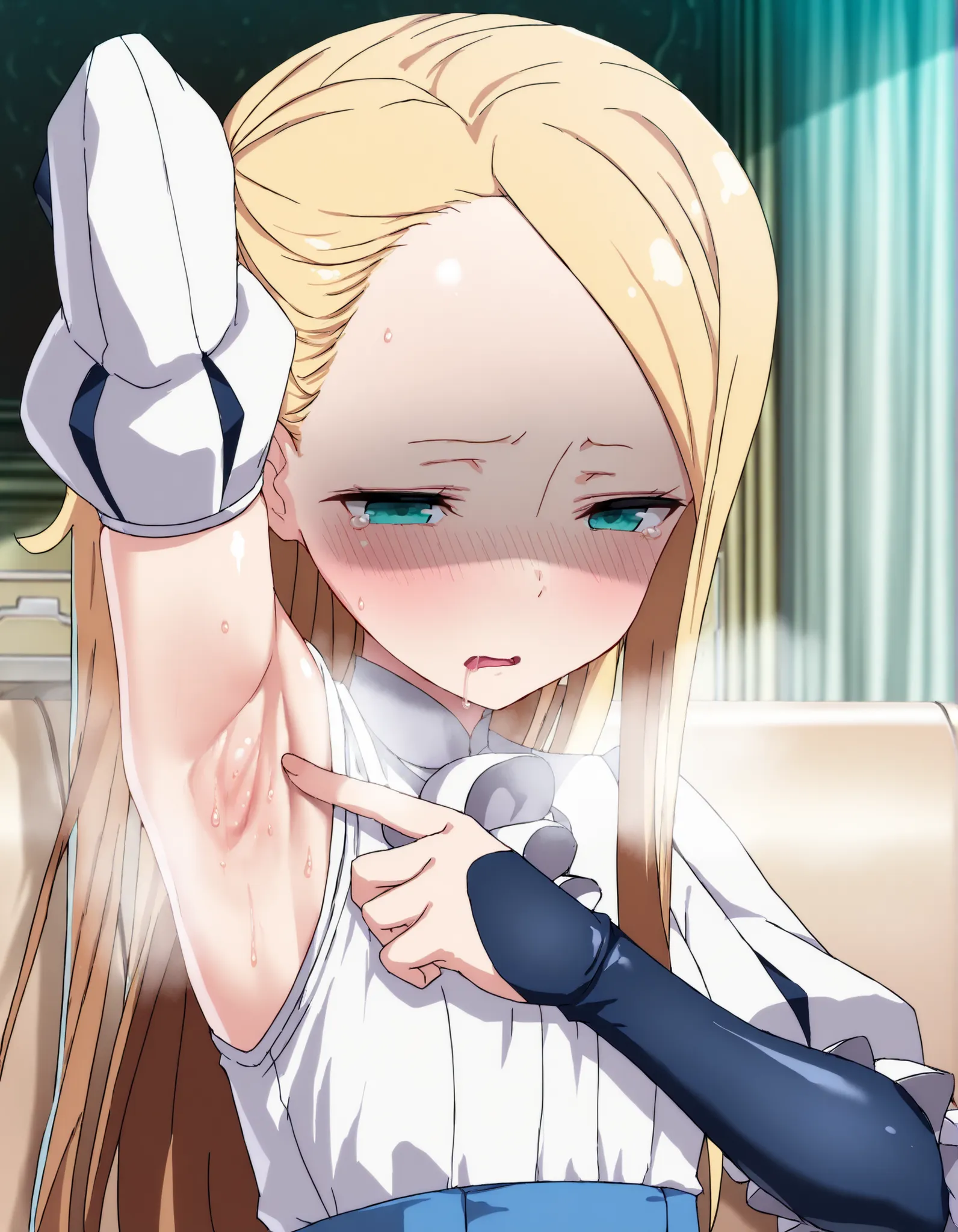 masterpiece, best quality, (best illustration), ultra-High resolution, score_9, score_8_up, score_7_up, BREAK source_anime, shiny skin, perfect eyes, (detailed face and eyes), (((((solo, 1girl, solo focus))))), blonde hair, aqua eyes, long hair, side ponyt...