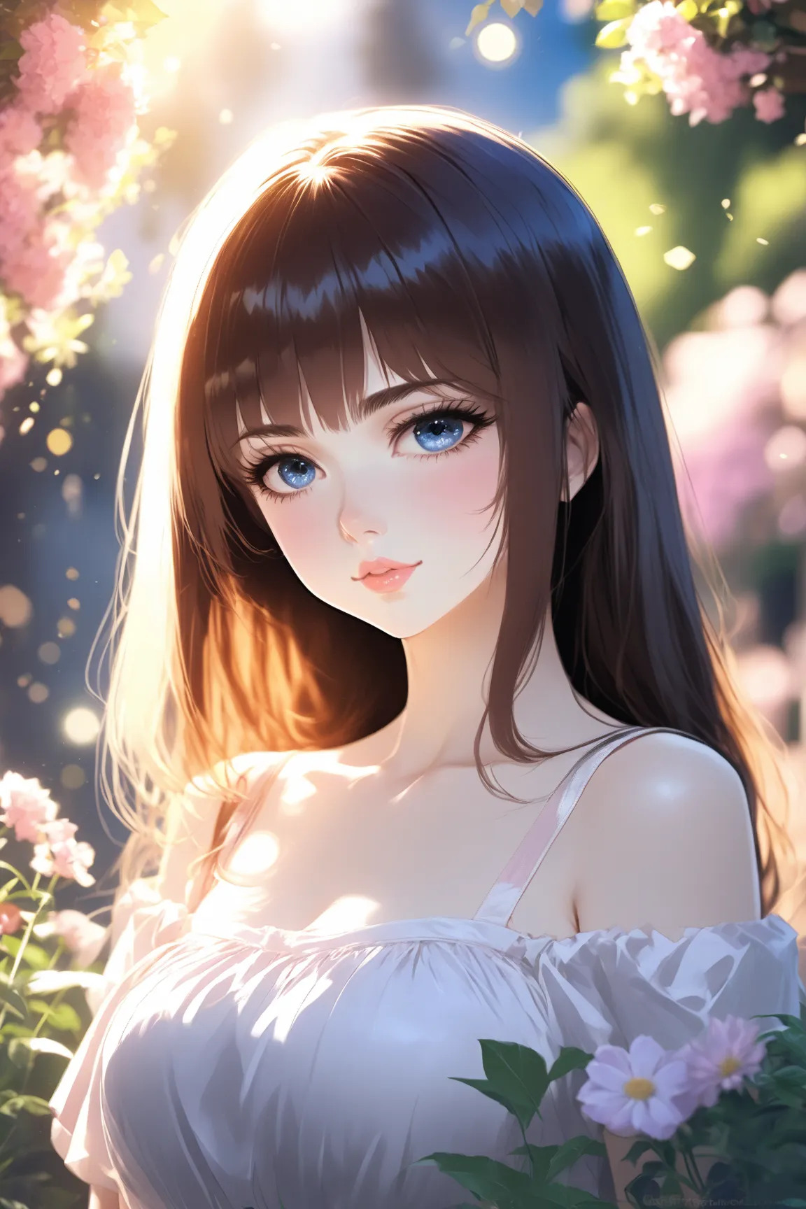 anime,(Beautiful girl: 1.3), 1 girl, depth of field 1.2, blush, pale skin, (blunt bangs, long hair), beautiful glossy lips, background, (lips coming together for a kiss), (close-up of lips)