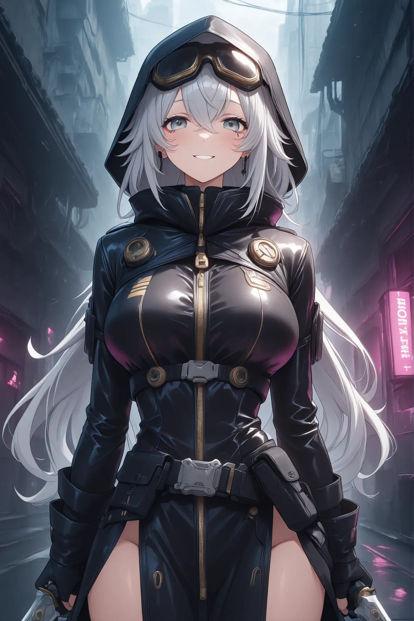 silver eyes、Smiling、(very long silver hair、Goggles、cyberpunk style、street style、Tech Wear、headphone) 、((black raincoat、knives、very large breasts))、Anime Style、High Definition、high quality、1girl、Sexy、NSFW、Dark Core、cowboy shot