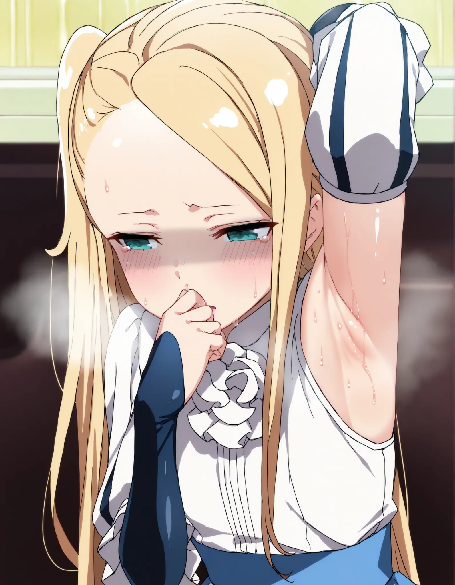 masterpiece, best quality, (best illustration), ultra-High resolution, score_9, score_8_up, score_7_up, BREAK source_anime, shiny skin, perfect eyes, (detailed face and eyes), (((((solo, 1girl, solo focus))))), blonde hair, aqua eyes, long hair, side ponyt...