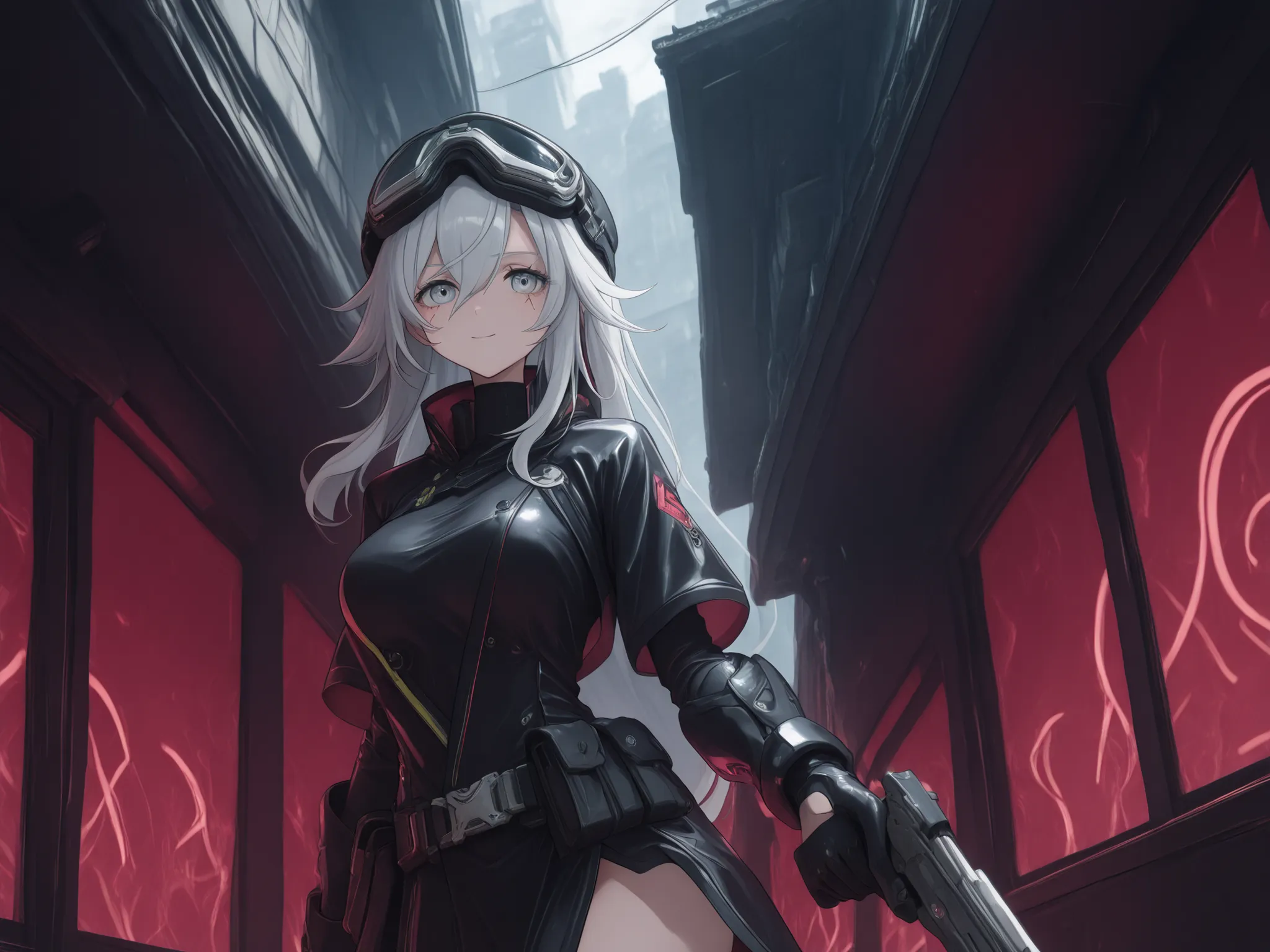 silver eyes、Smiling、(very long silver hair、Goggles、cyberpunk style、street style、Tech Wear、headphone) 、((black raincoat、knives、very large breasts))、Anime Style、High Definition、high quality、1girl、Sexy、NSFW、Dark Core、cowboy shot