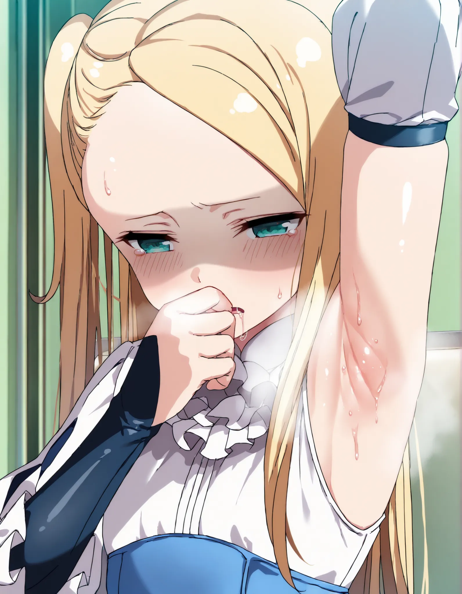 masterpiece, best quality, (best illustration), ultra-High resolution, score_9, score_8_up, score_7_up, BREAK source_anime, shiny skin, perfect eyes, (detailed face and eyes), (((((solo, 1girl, solo focus))))), blonde hair, aqua eyes, long hair, side ponyt...