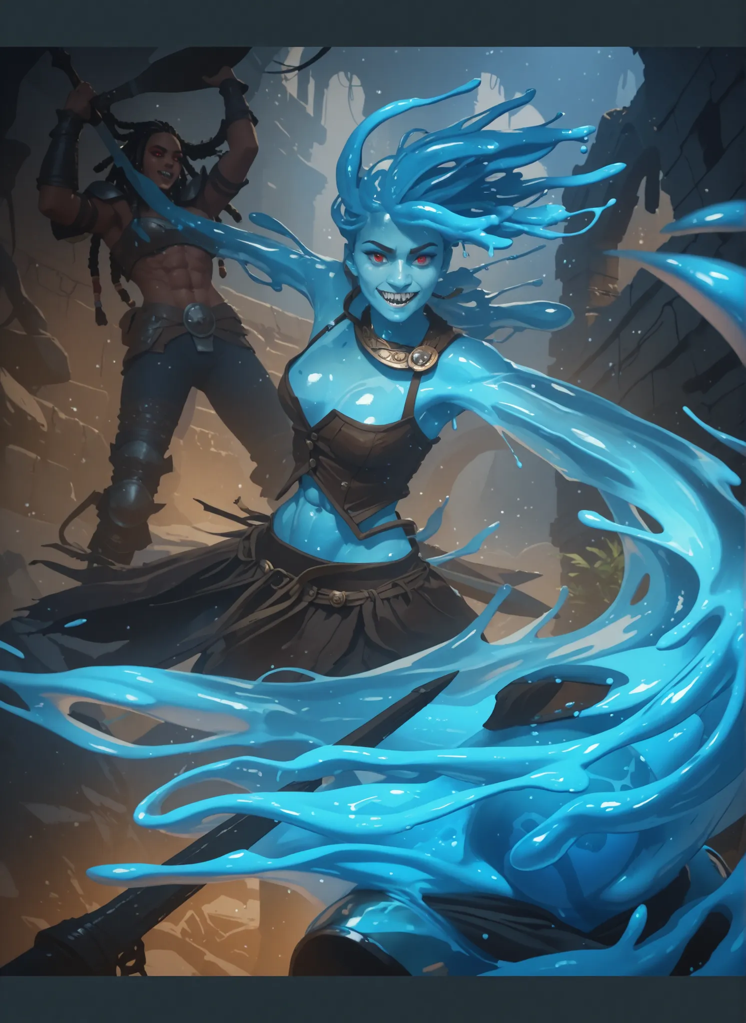 Slender body. Blue slime-skin. Cute 18-year-old Asian girl with Asian red eyes and sharp teeth and dreadlocks with white highlights. She has a cute and beautiful face. She has a round and young face with a pointy chin. Her slime-body is athletic with abs. ...