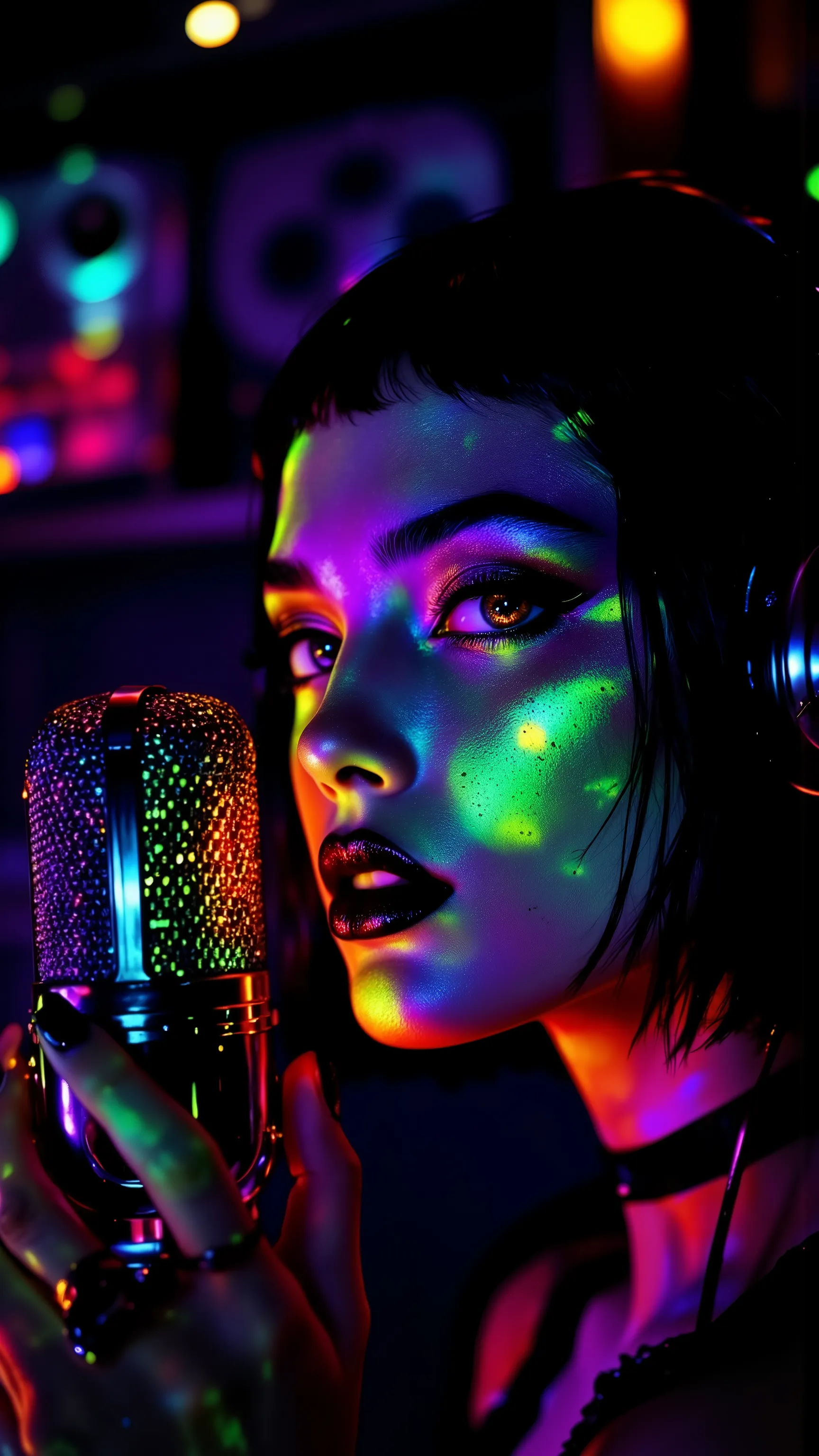 Midnight Whisper — fusion of Kate Holstein's intimate glamour and Rinko Kawauchi's luminous grain. Extreme close-up of woman's face bathed in studio neon glow, black cherry lips hovering over vintage Shure microphone. Light sculpts features: kohl-rimmed ey...