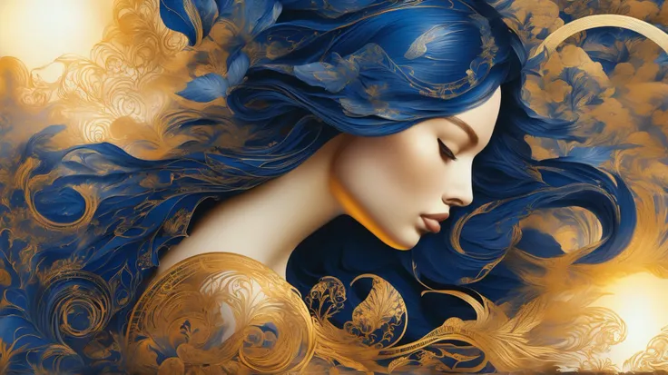 vivid liquid ink, indigo and gold, elaborate and intricate ink illustration golden hour made of infinite light, thought-provoking