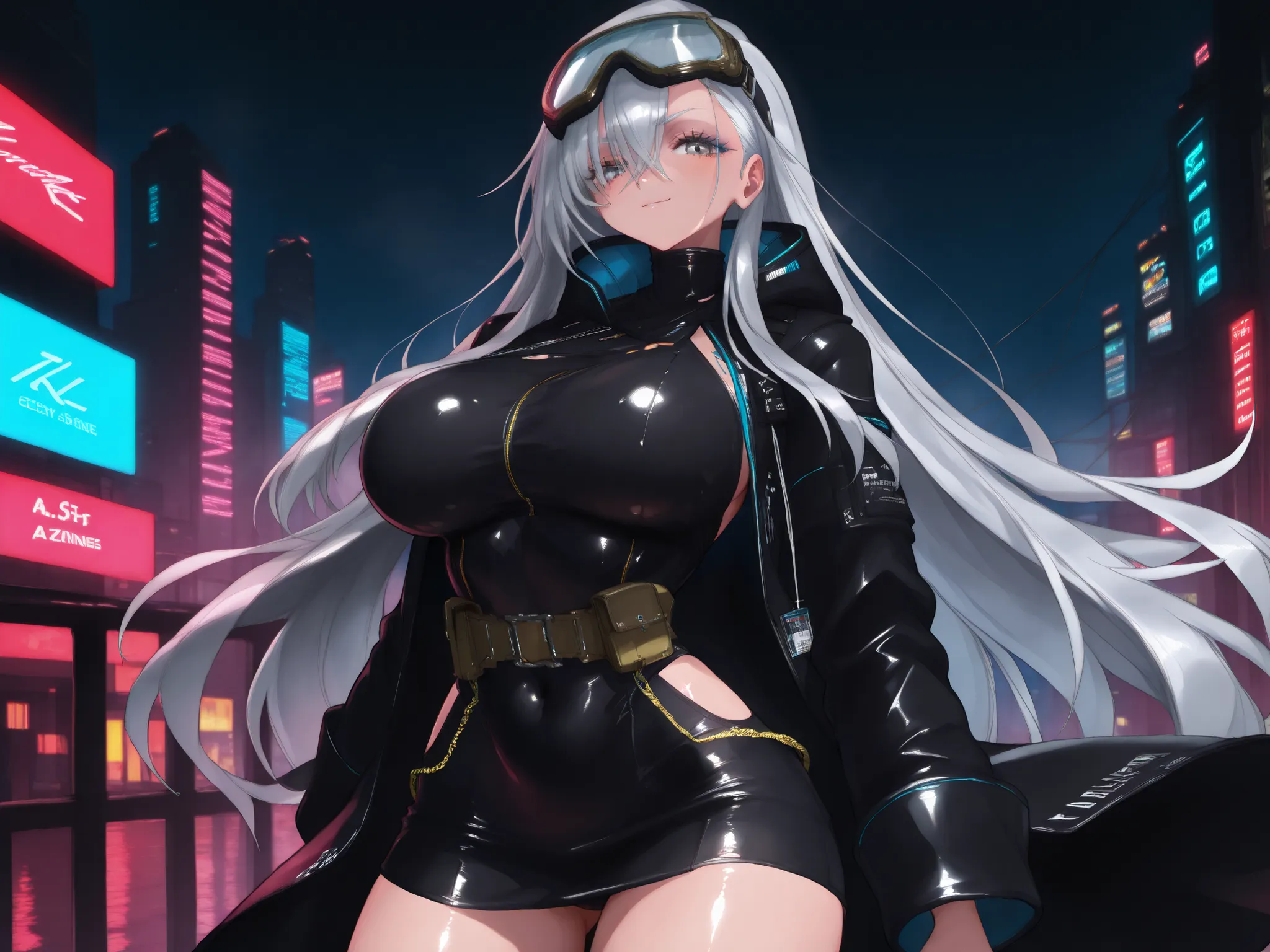 silver eyes、Smiling、(very long silver hair、Goggles、cyberpunk style、street style、Tech Wear、headphone) 、((black raincoat、knives、very large breasts))、Anime Style、High Definition、high quality、1girl、Sexy、NSFW、Dark Core、cowboy shot