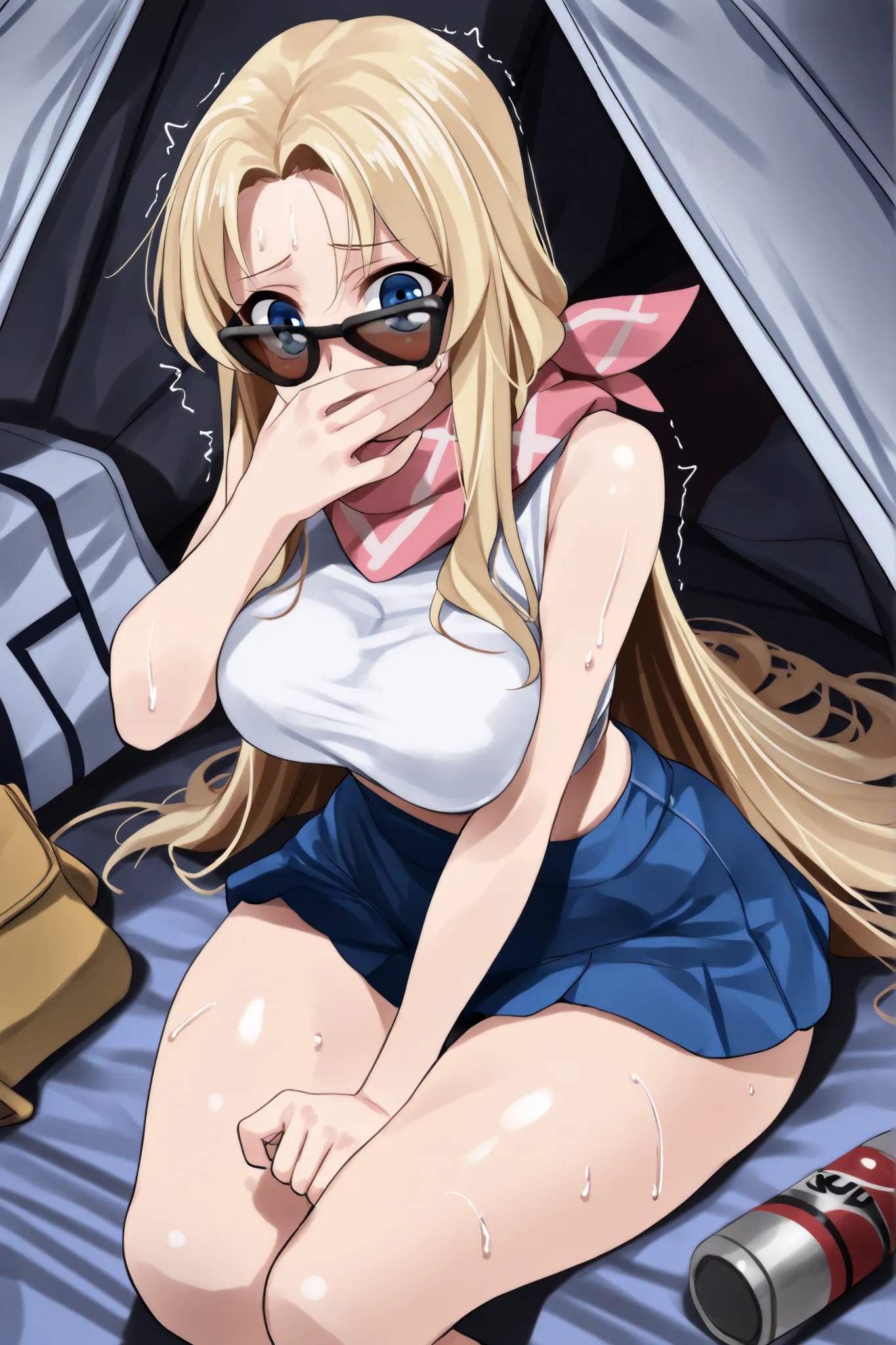 1 girl, solo girl, girl focus, adult girl, ((long Blond hair, golden long hair, straight hair, blue eyes, spoiled girl, with a oversized sunglasses on top of her forehead, early 20s)), ((White or pastel-colored crop top, High-waisted mini skirt, flowy silk...