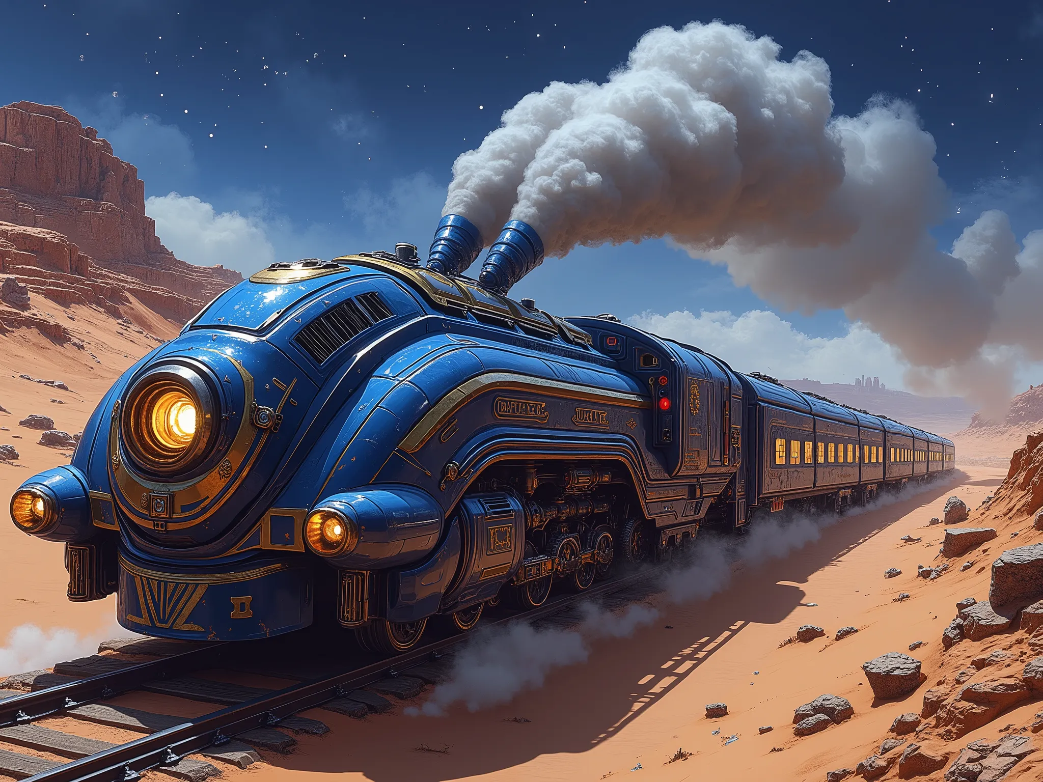 Best Quality, High-definition illustrations, Futuristic super-fast train, Futuristic steam engine, Blue paint with gold decoration, Smoke outlet at the rear of the vehicle, run fast, pull a passenger car, Two smoke vents projecting backward at an angle in ...