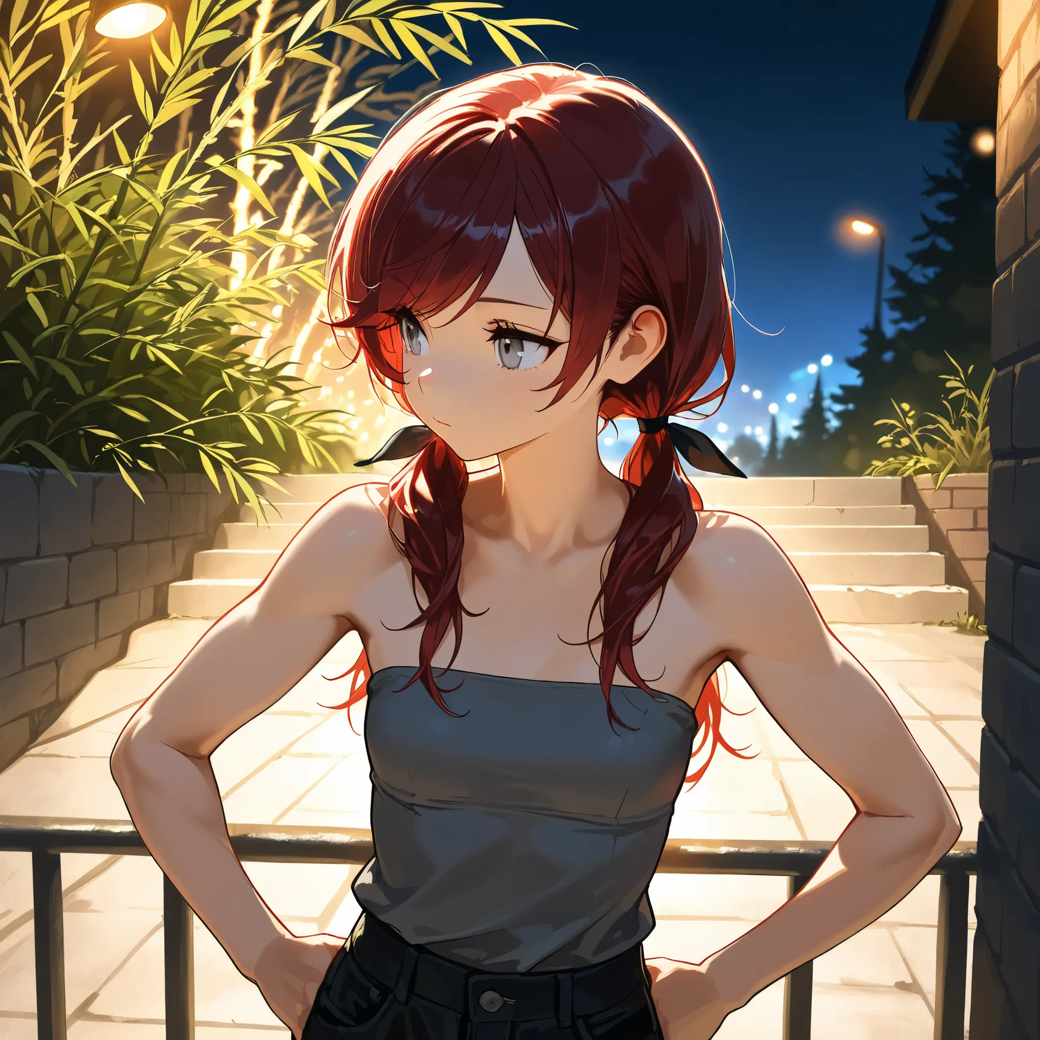 (masterpiece:1.2, Best Quality), (finely detailed beautiful eye: 1.2), (beautiful detailed face),1girl, solo, Gray eyes, dark red hair, swept bangs, long hair, low twin tails, small breasts, toned arms from behind,looking away, close-up, bare shoulders, st...