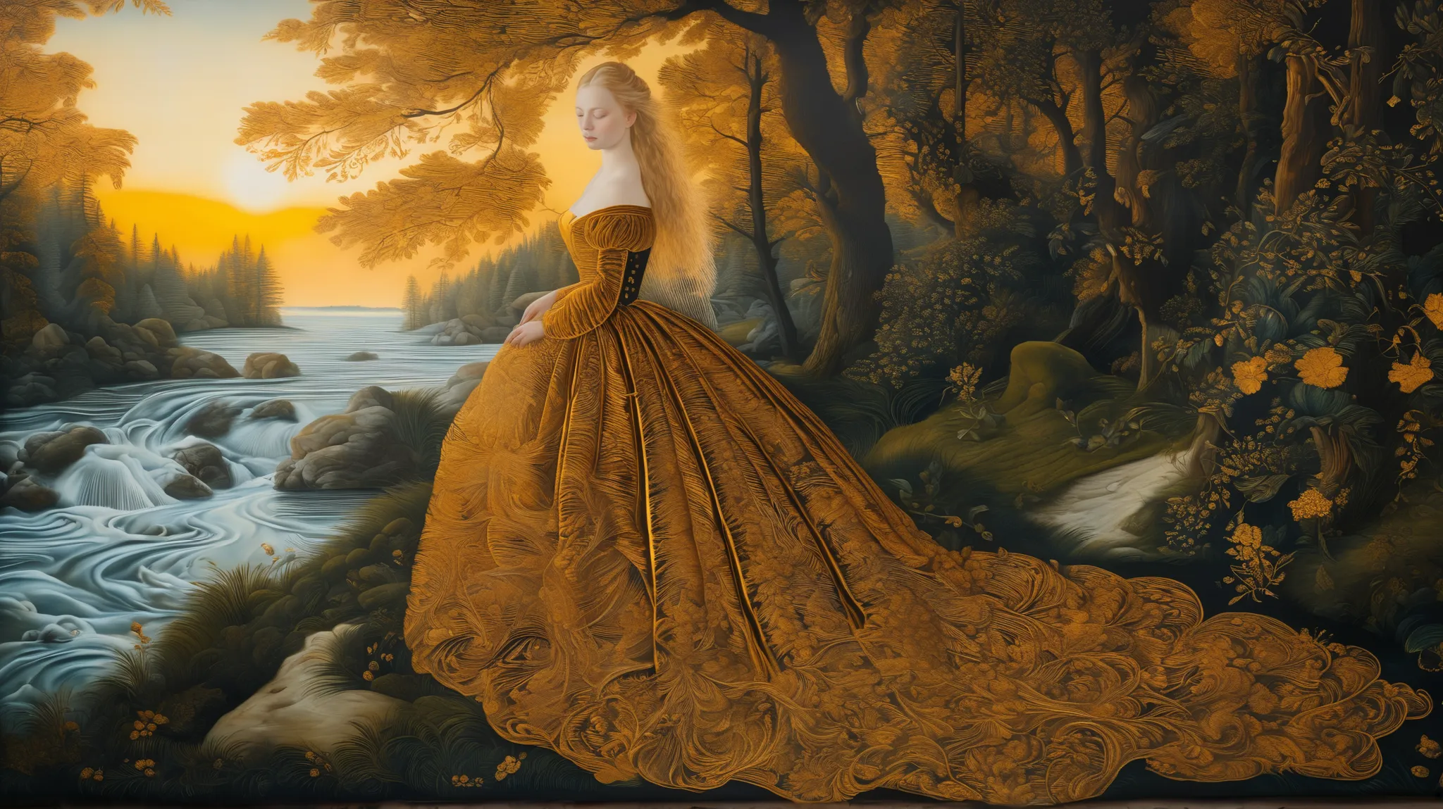 Golden hour forest landscape, velvet, embroidery, renaissance, lucas cranach oil on wood, oil on canvas, hyperdetailed, swirling flowing golden velvet dress and golden hair, whirlwind of golden sunlight and gold velvet    