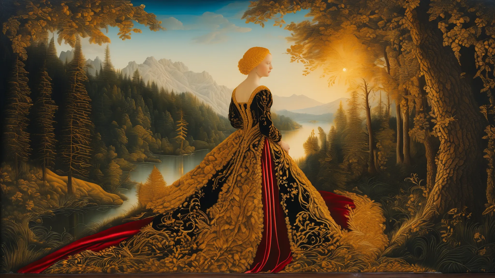 Golden hour forest landscape, velvet, embroidery, renaissance, lucas cranach oil on wood, oil on canvas, hyperdetailed, swirling flowing golden velvet dress and golden hair, whirlwind of golden sunlight and gold velvet    