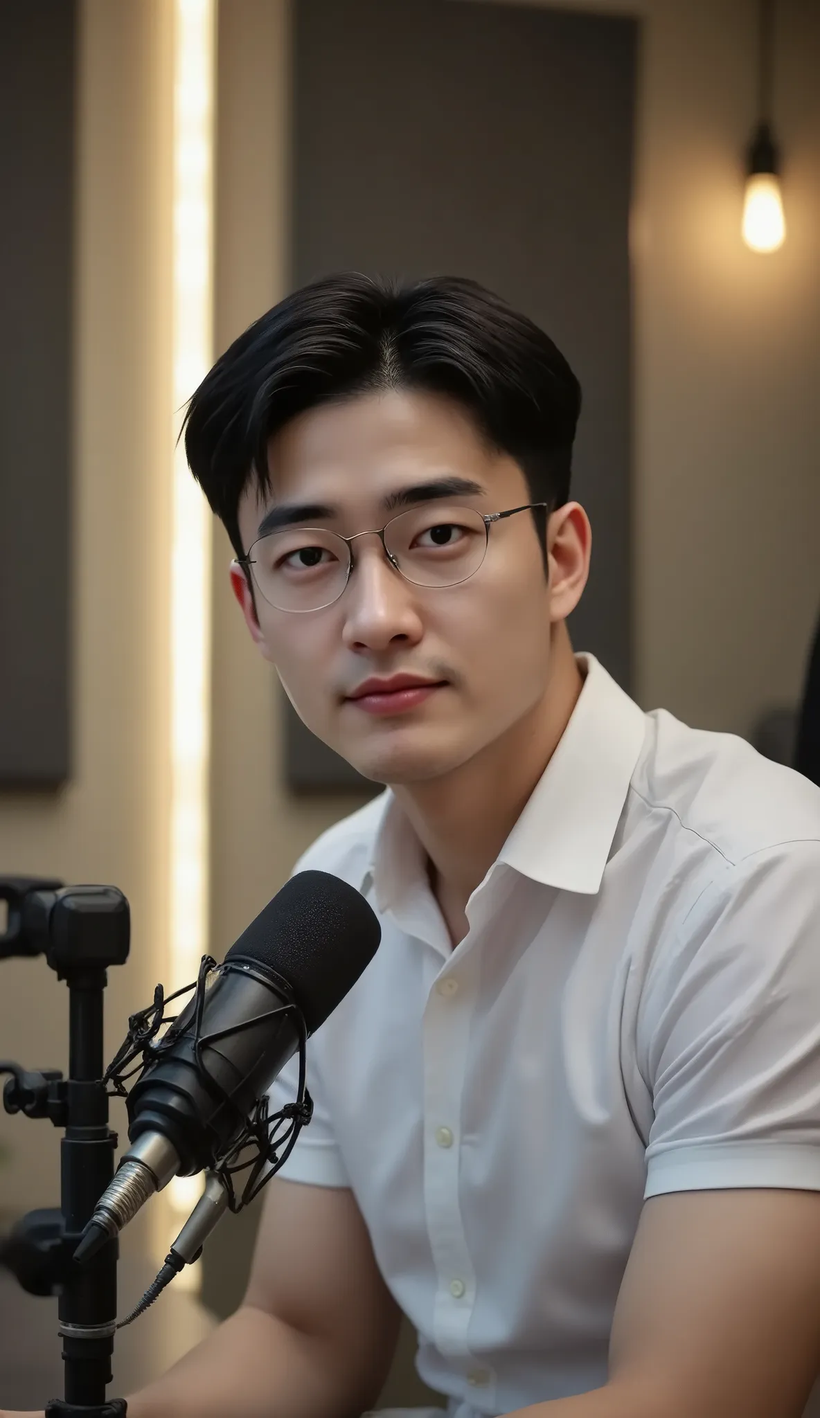 "A hyper-detailed, ultra-sharp digital painting of a handsome Korean man podcasting in a studio. He has short, neatly styled black hair, wearing a crisp white button-up shirt and modern glasses. He looks intelligent and calm. He is seated at a professional...