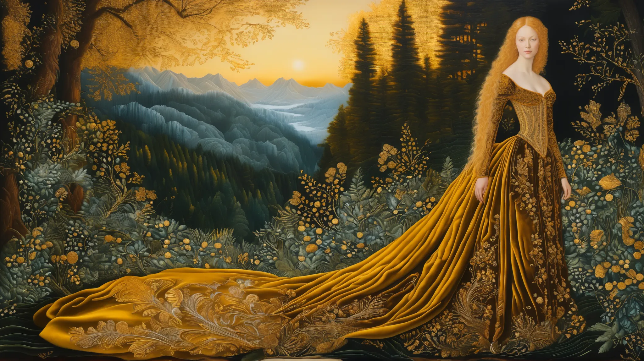 Golden hour forest landscape, velvet, embroidery, renaissance, lucas cranach oil on wood, oil on canvas, hyperdetailed, swirling flowing golden velvet dress and golden hair, whirlwind of golden sunlight and gold velvet    