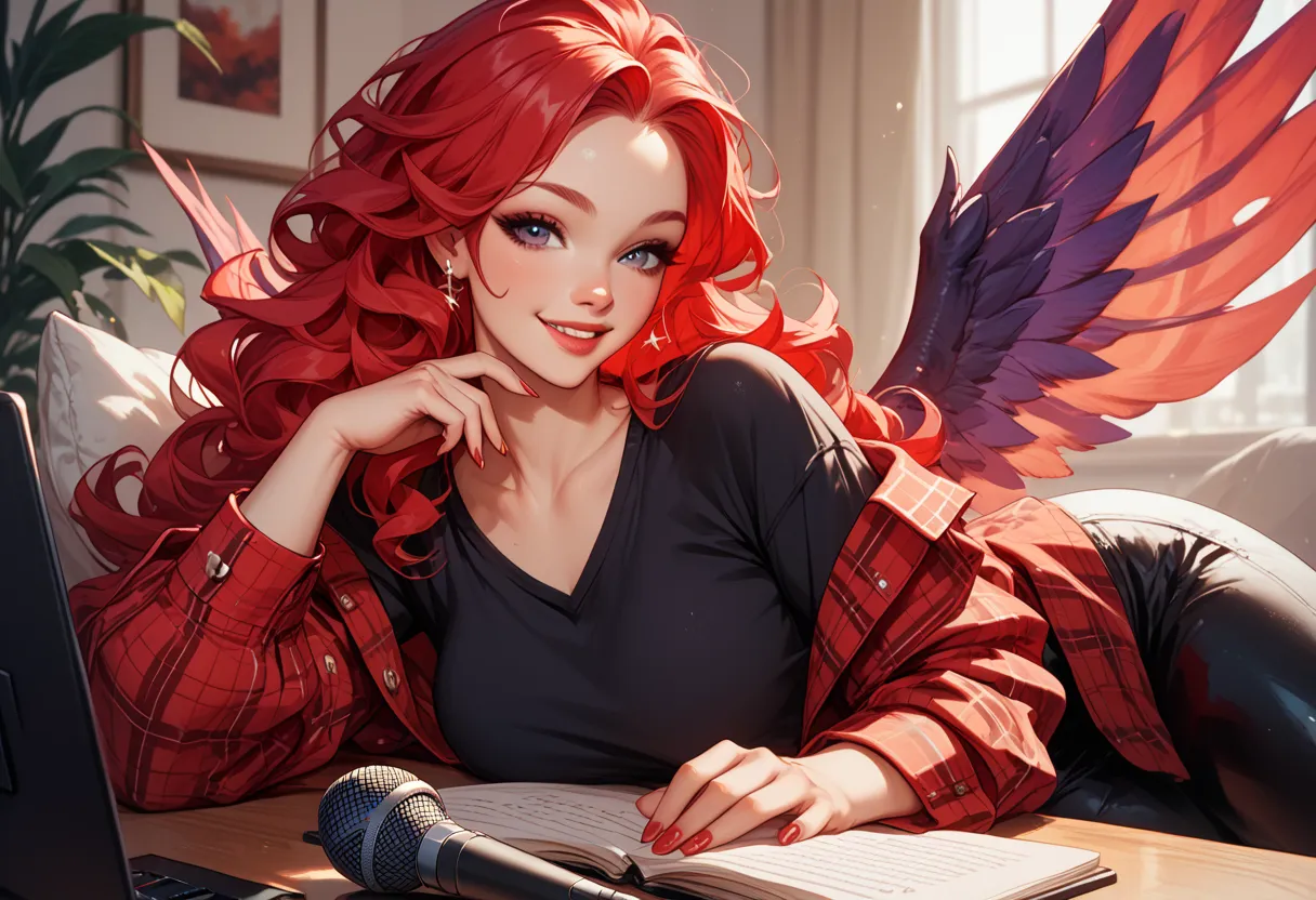 a beautiful red-haired woman with beautiful curves and long red hair wavy at the ends wearing a black t-shirt and an unbuttoned red plaid flannel talking smiling with a purple microphone with wings on the sides in front of her she has one hand resting on her chin