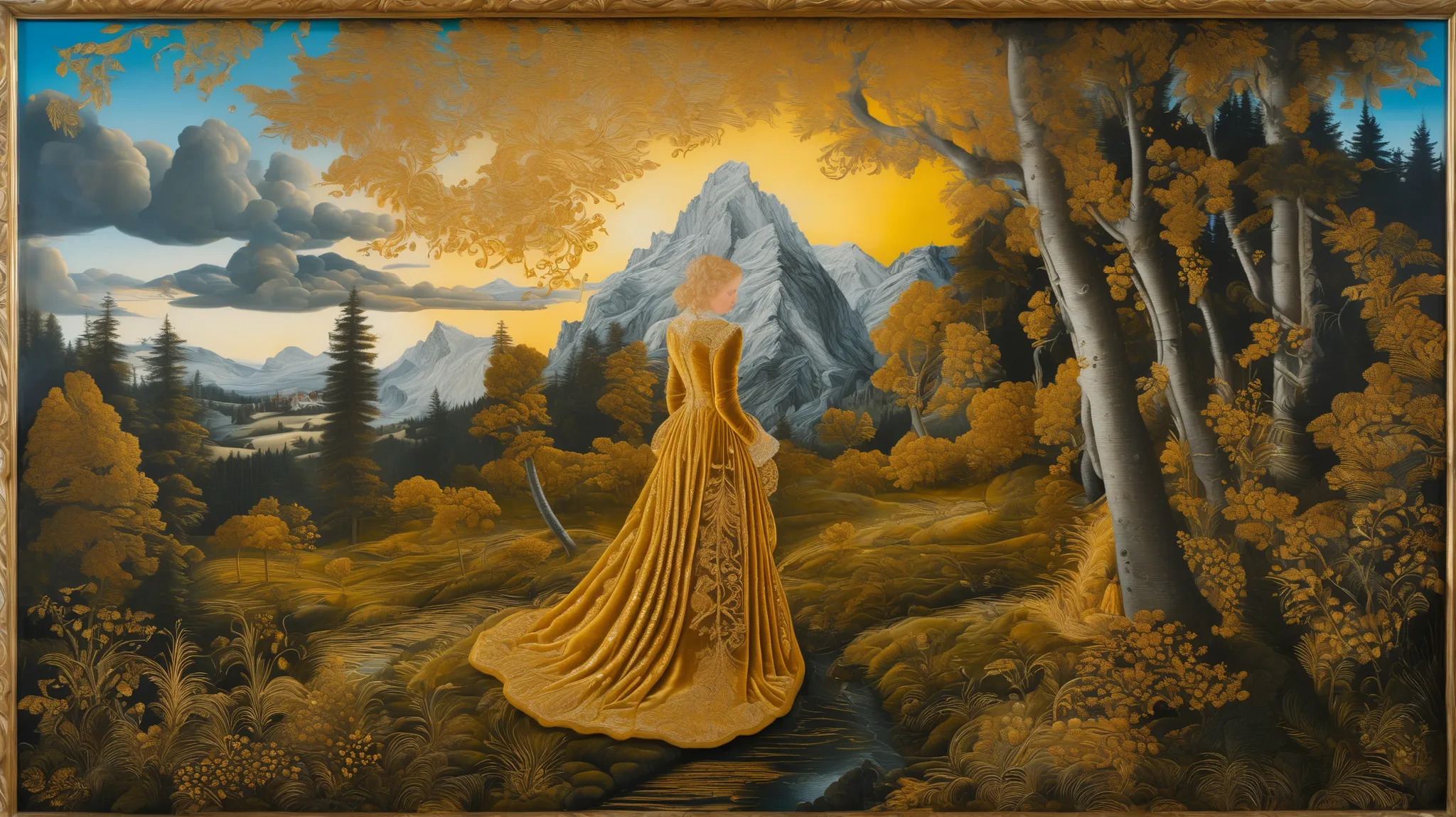 Golden hour forest landscape, velvet, embroidery, renaissance, lucas cranach oil on wood, oil on canvas, hyperdetailed, swirling flowing golden velvet dress and golden hair, whirlwind of golden sunlight and gold velvet    