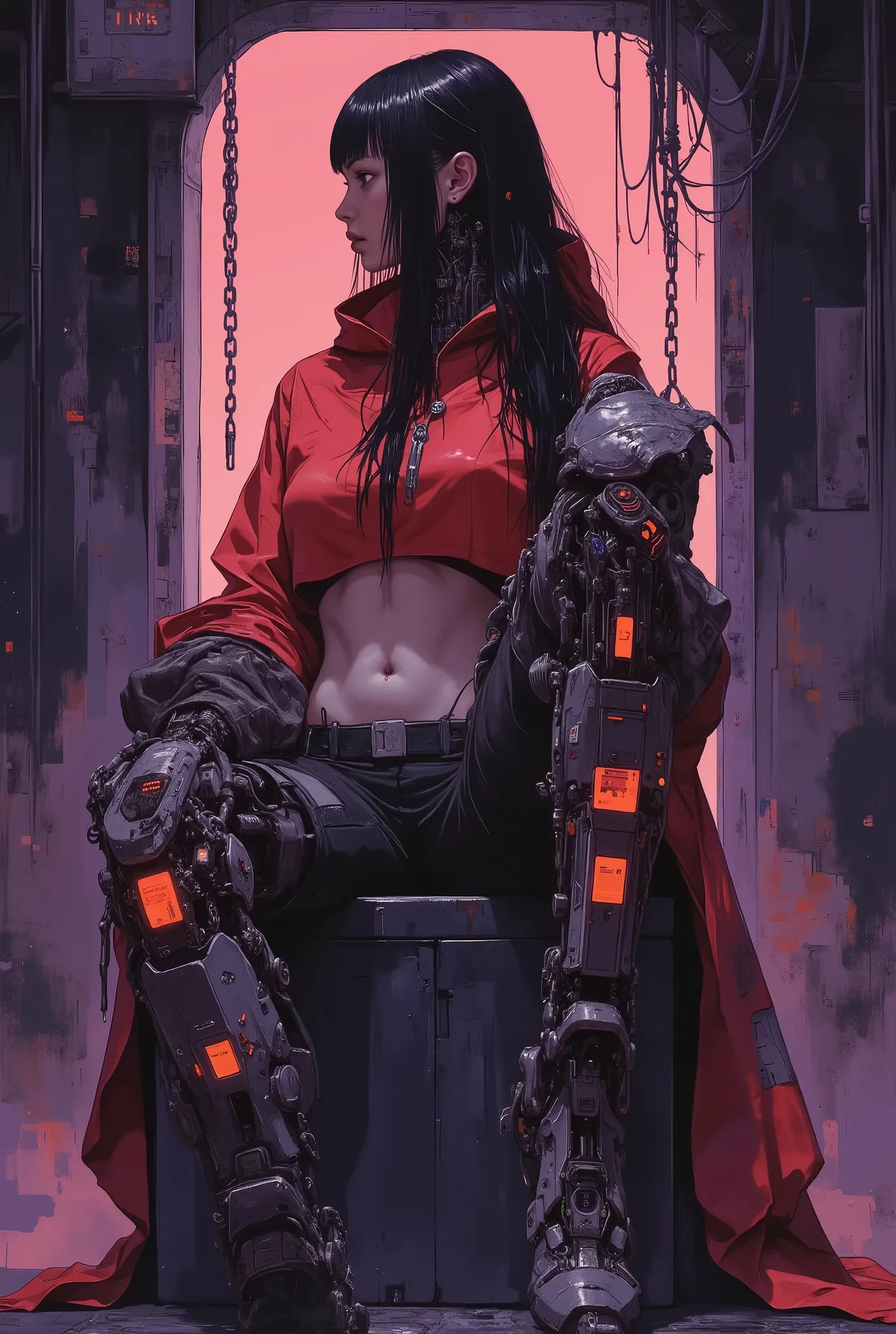 side view. a digital painting showcasing a cybernetic woman with long black hair and a slender, curvaceous figure. She is seated on a dark, weathered stool, surrounded by a moody, industrial backdrop. The woman wears a cropped red hoodie, exposing her midr...