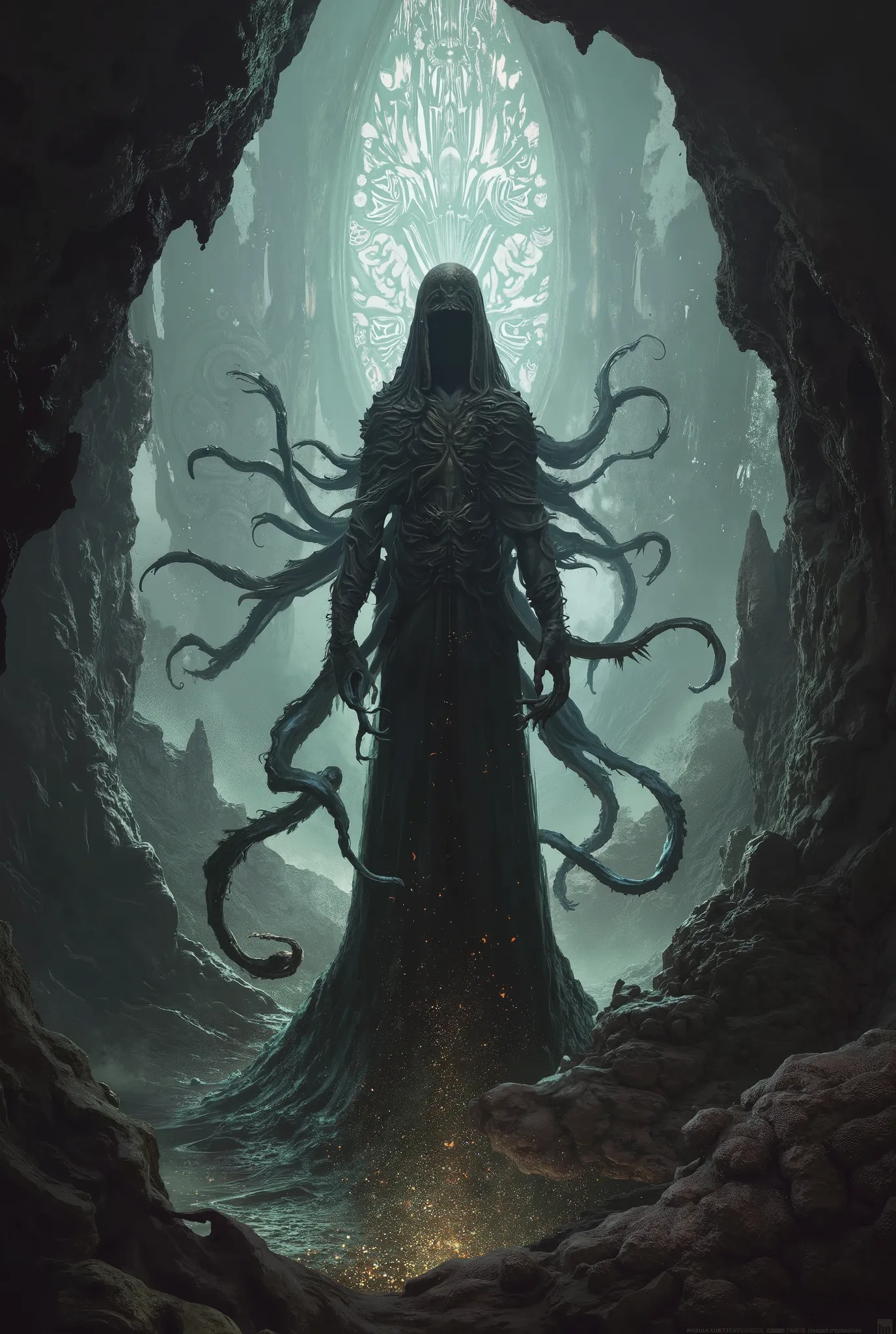 Cthulhu Mythos, The Shadow of Insmouth, Waving Beauty, eldritch horror, photorealistic, 8K, HDR, physically-based rendering, vibrant colors, deep shadows, muted tones, The great Old Ones, Cosmic Horror, Forbidden Grimoire, Horror Art by Greg Rutkowski