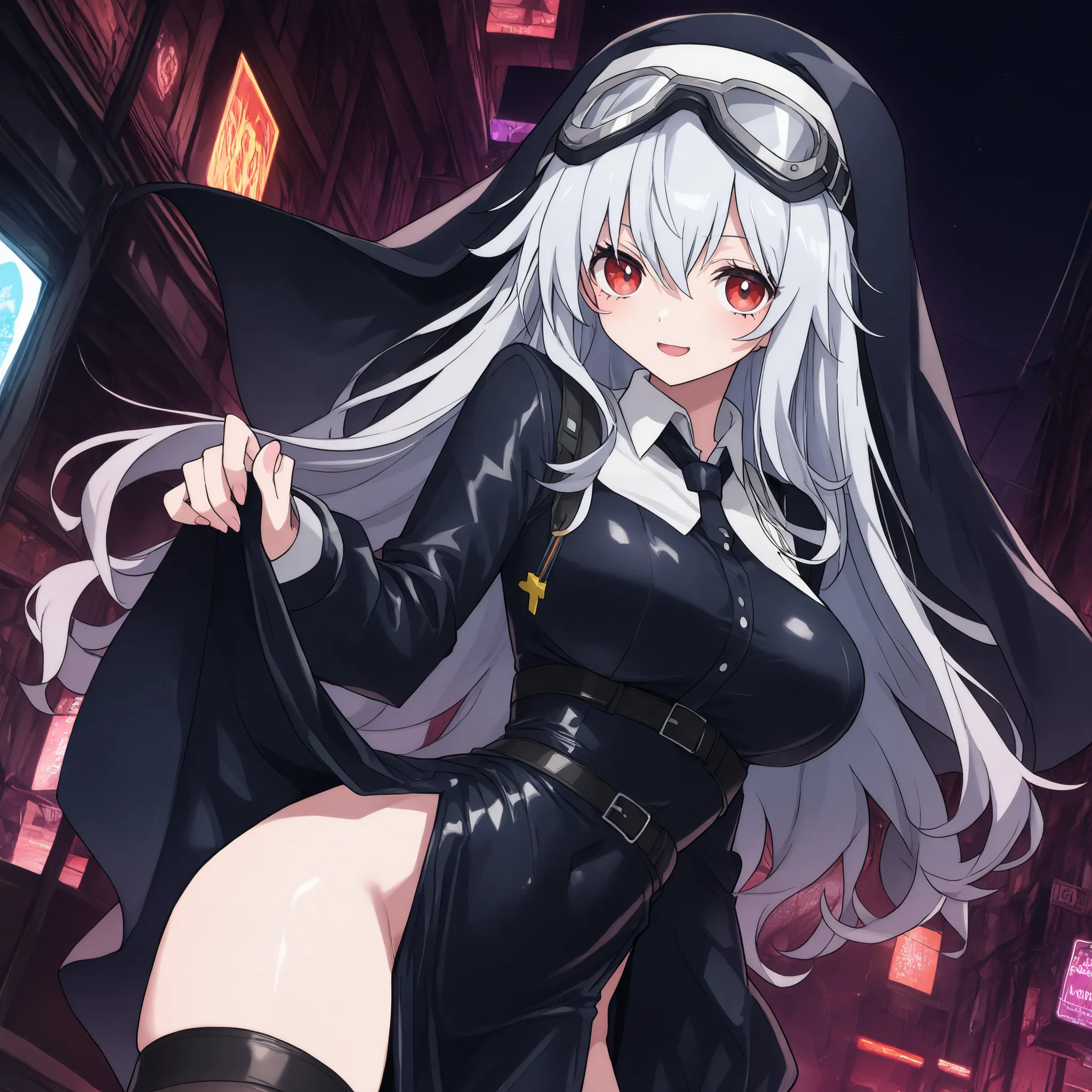 Red Eyes、Smiling、(very long silver hair、Goggles、cyberpunk style、street style、Tech Wear、headphone) 、((black raincoat、nun、knives、very large breasts))、Anime Style、High Definition、high quality、1girl、Sexy、NSFW、Dark Core、cowboy shot