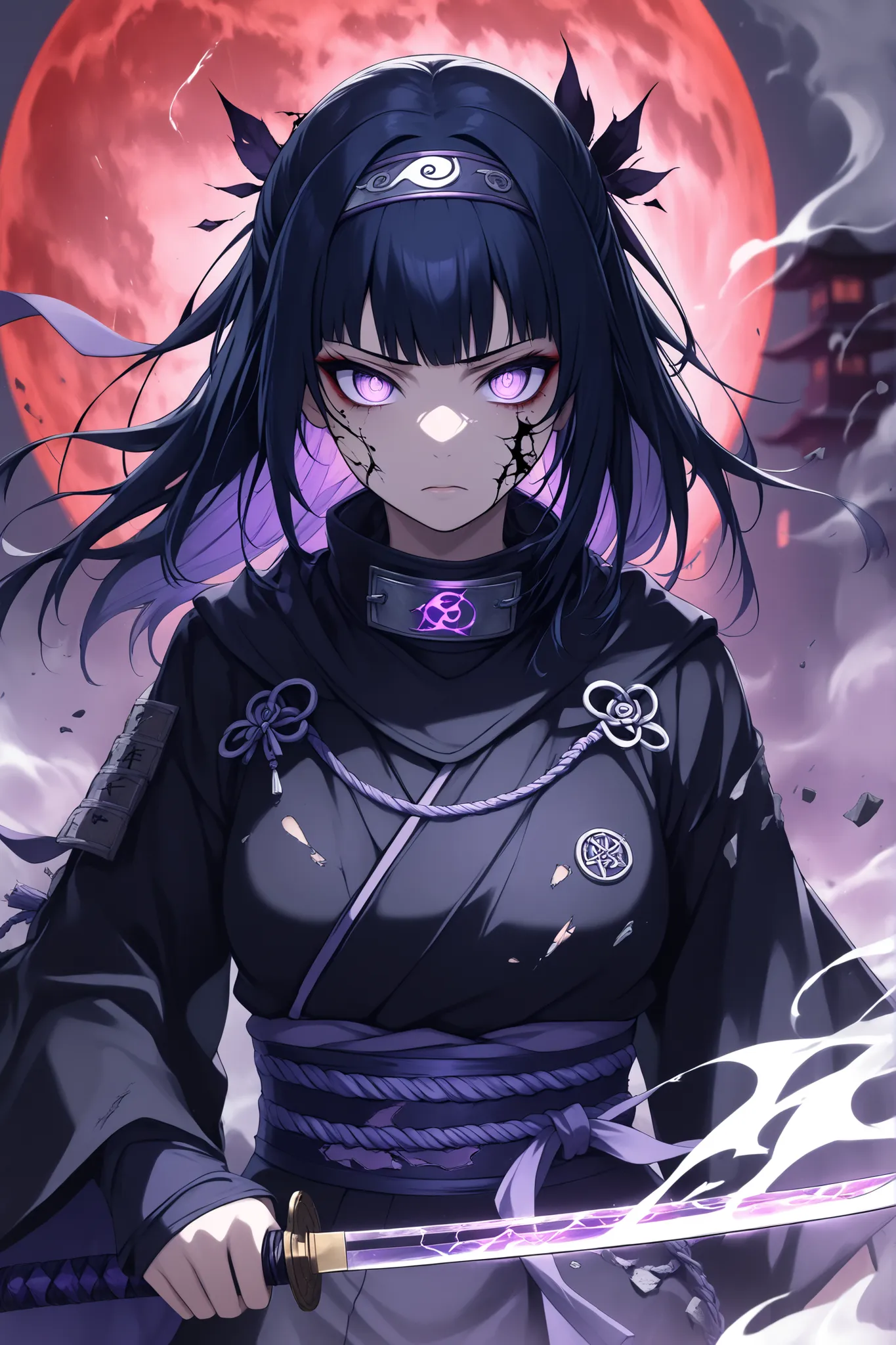 ((masterpiece)), ((RAW 8K)), ((anime-real fusion)), ((cinematic horror lighting)), ((gritty photorealism)), ((hyper-detailed textures)), ((dark magical aesthetic)),
Hinata Hyuga as a cursed exorcist, half-body or full-body dark fantasy portrait. Pale lave...